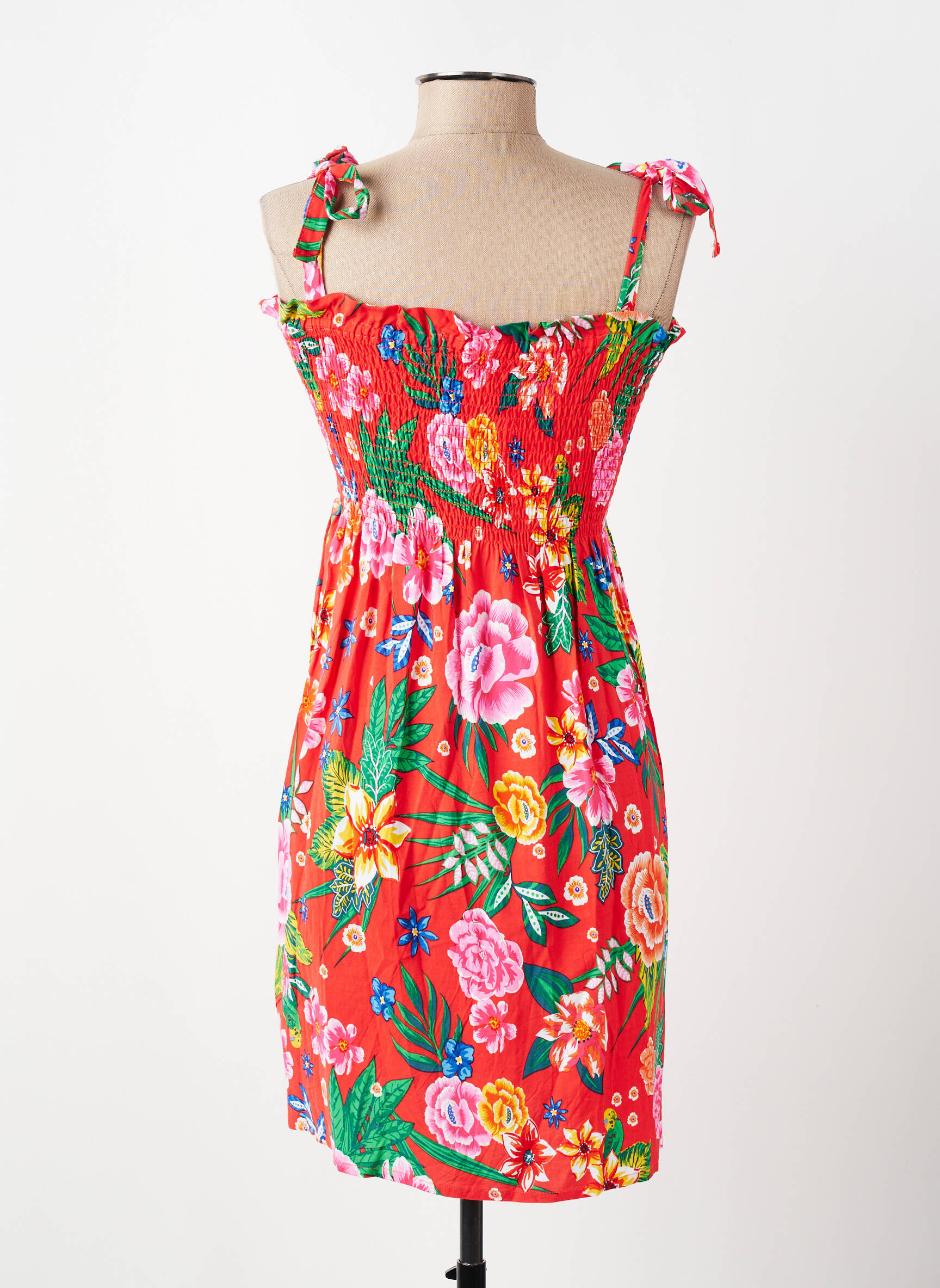 Robe mi-longue imprimé fleurs fines bretelles rouge YSABEL MORA femme