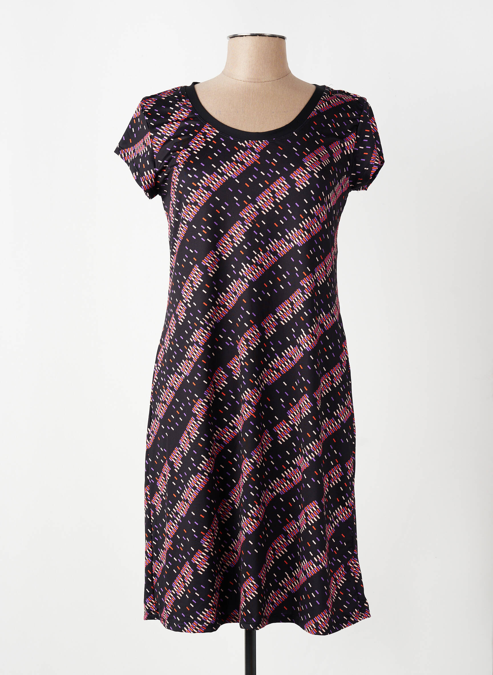 Robe mi-longue imprimé fantaisie manches courtes noir DEIDAD femme