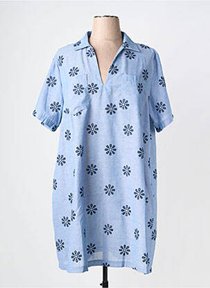 Robe mi-longue tissage crêpe manches courtes bleu MAELLE femme