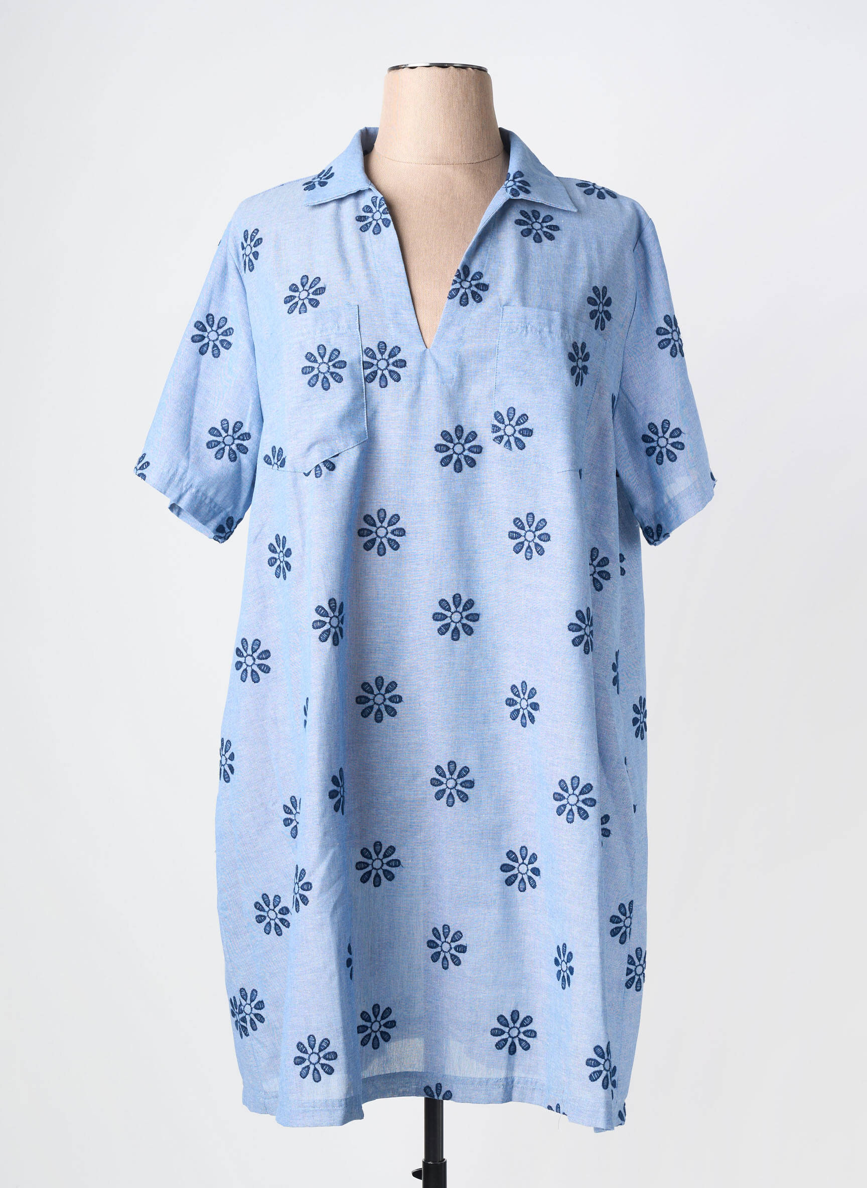 Robe mi-longue tissage crêpe manches courtes bleu MAELLE femme