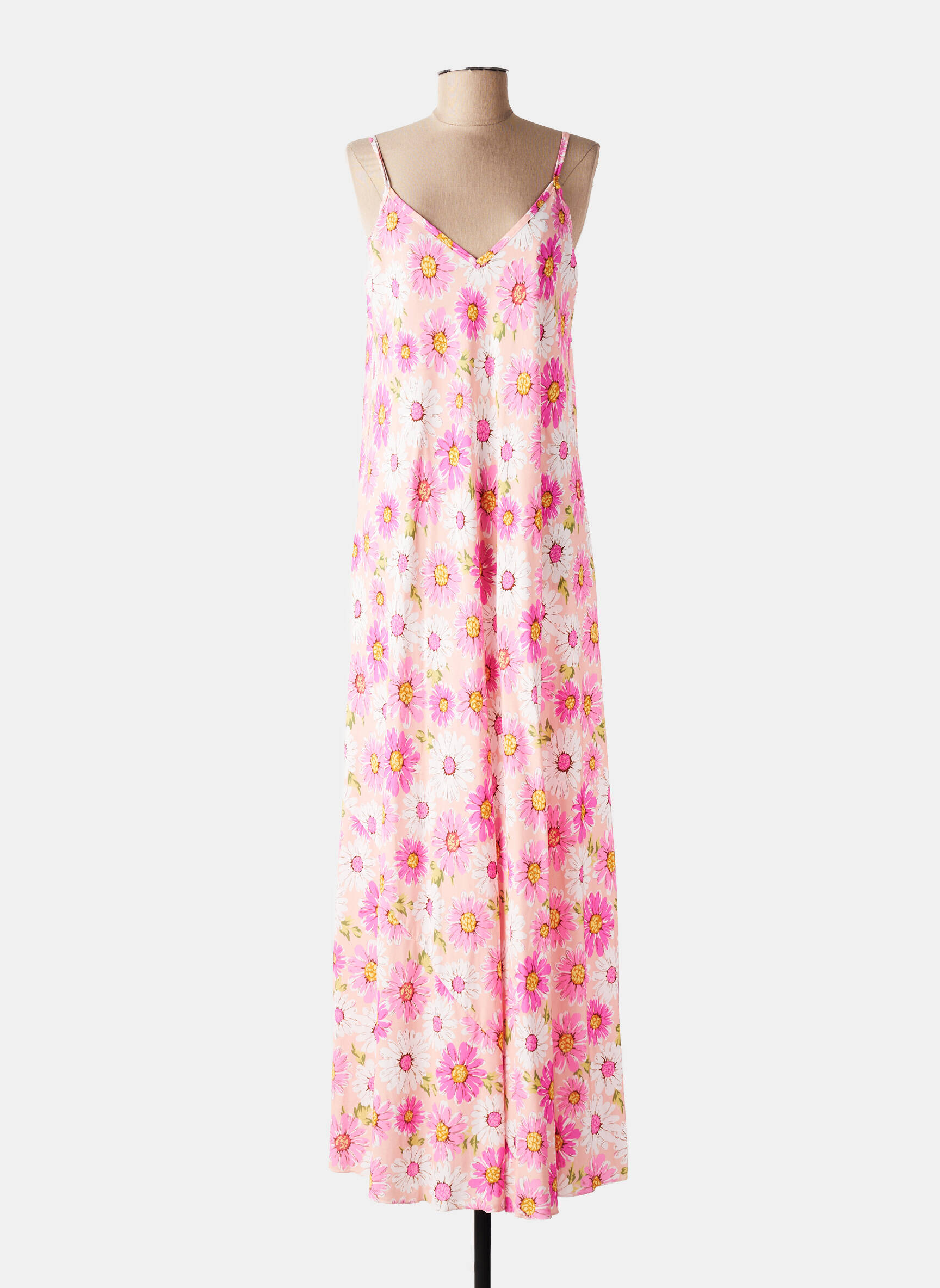 Robe longue imprimé fleurs fines bretelles rose MISS CARLA femme