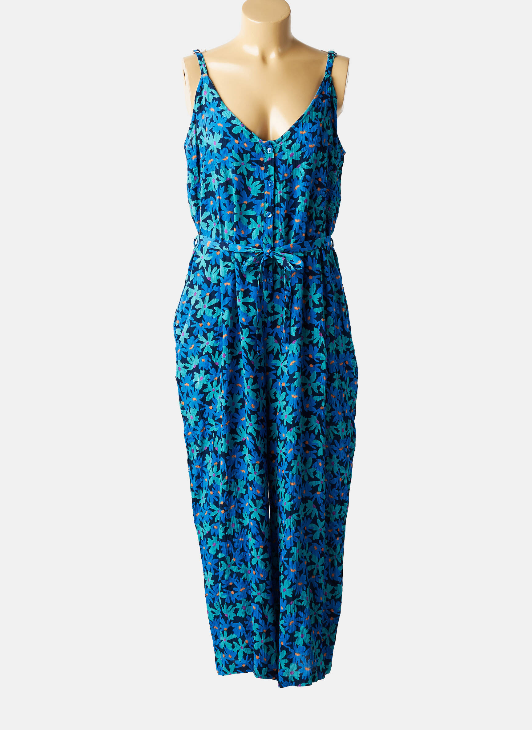 Combi-pantalon tissage crêpe fines bretelles bleu L'ATELIER D'ANNA femme