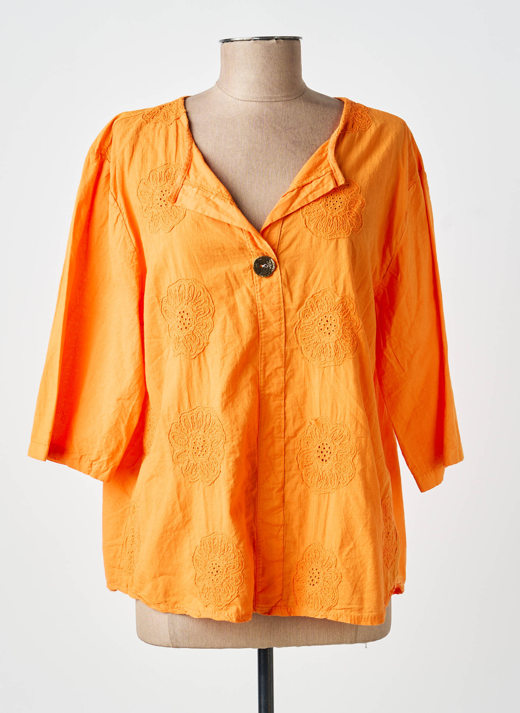 Blouse tissage popeline manches 3/4 orange NEW COLLECTION femme