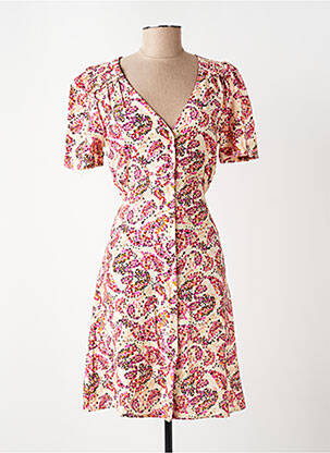 Robe mi-longue imprimé fleurs manches courtes beige GRACE & MILA femme