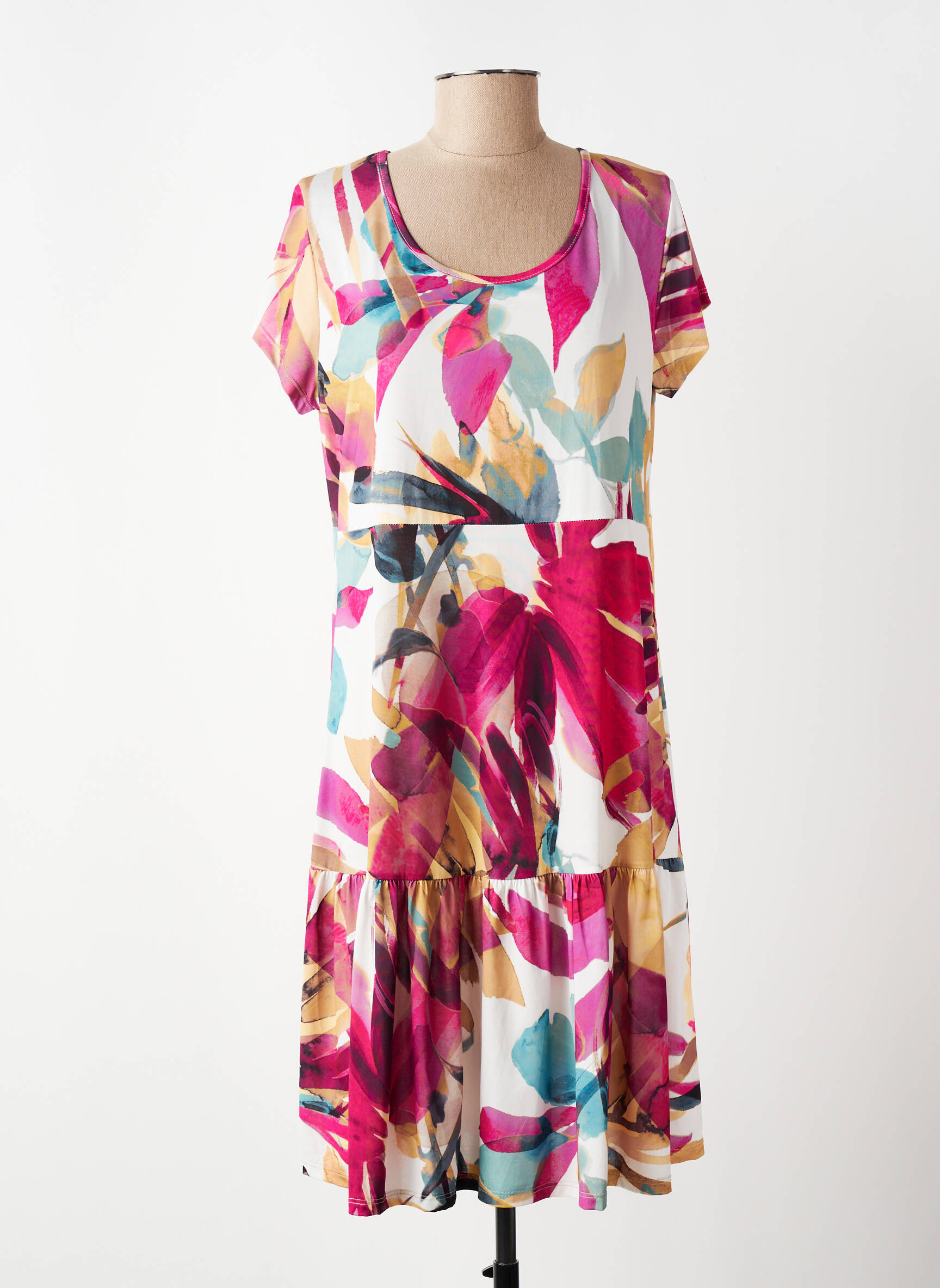 Robe mi-longue imprimé fleurs manches courtes rouge GENUINE femme