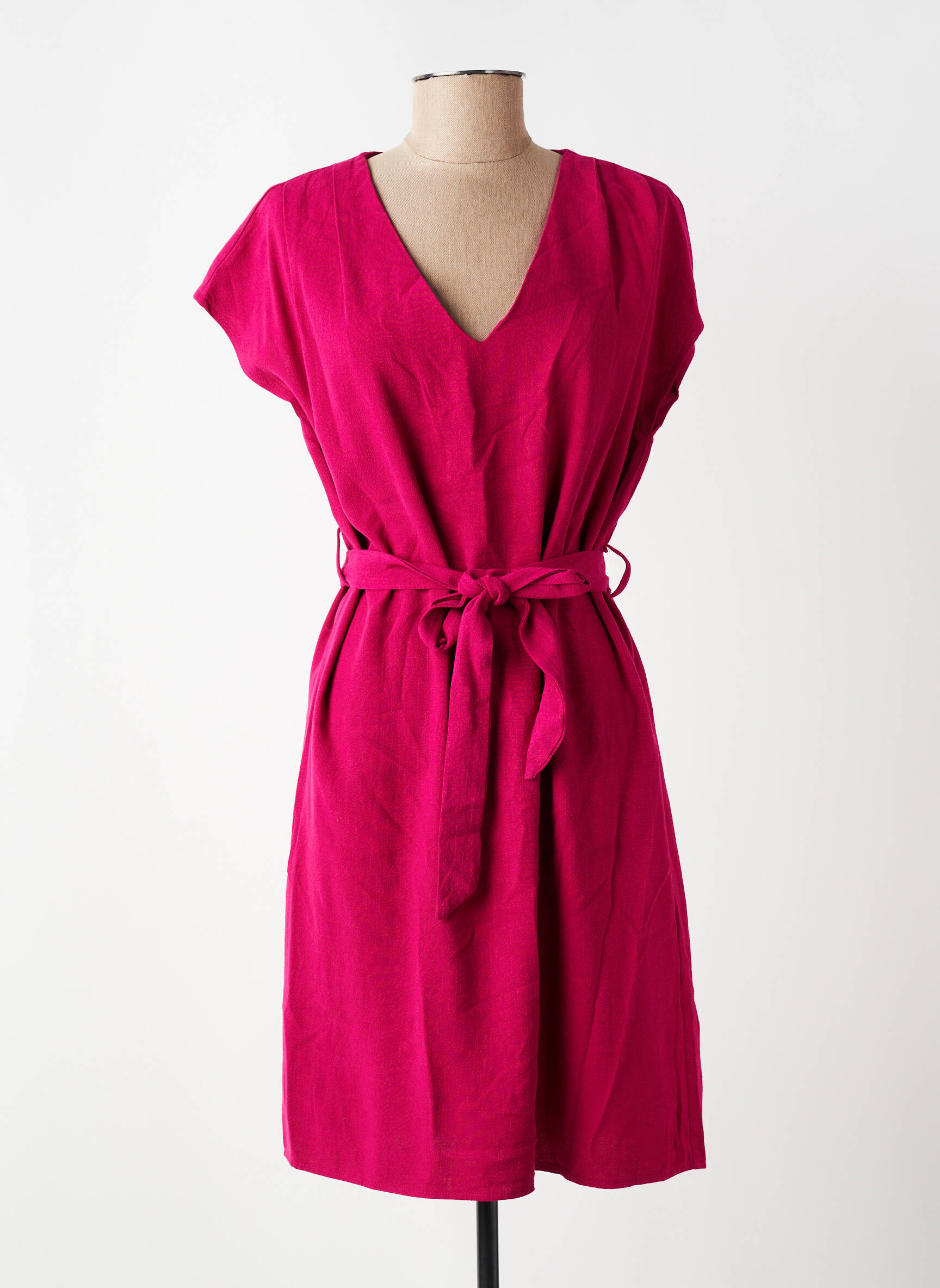 Robe mi-longue tissage crêpe manches courtes rose GRACE & MILA femme