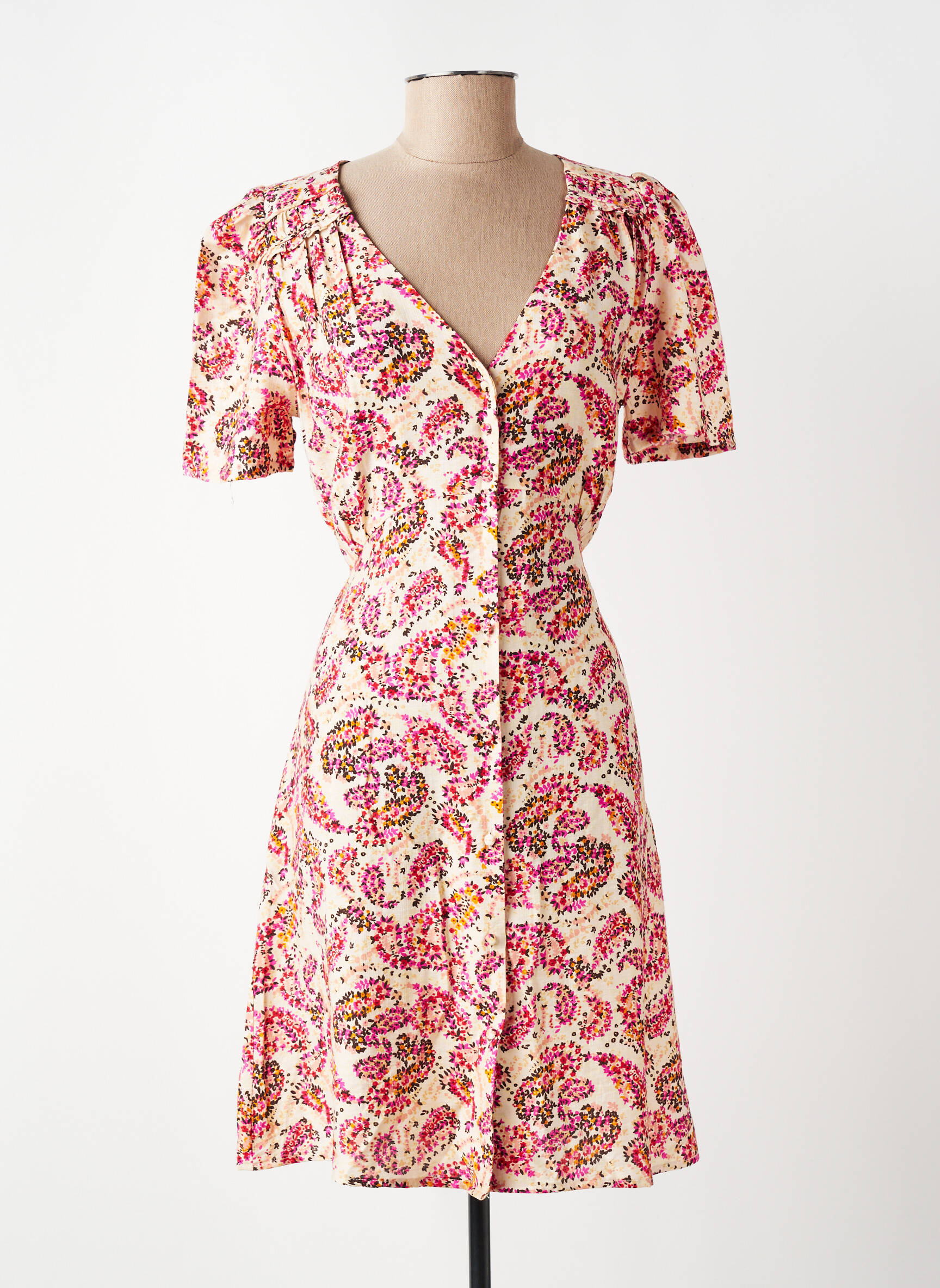 Robe mi-longue imprimé fleurs manches courtes beige GRACE & MILA femme