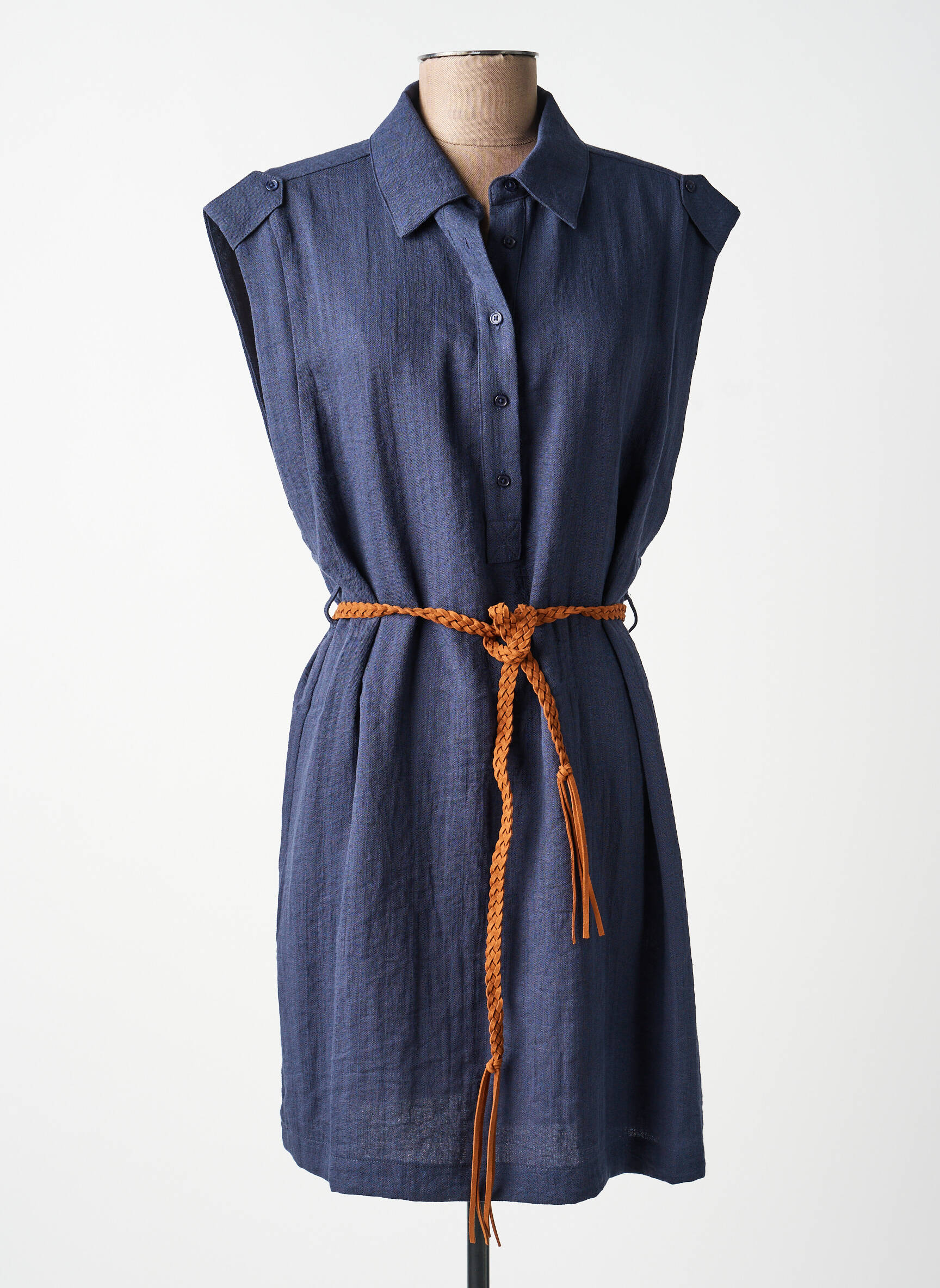 Robe mi-longue tissage crêpe manches courtes bleu MOLLY BRACKEN femme