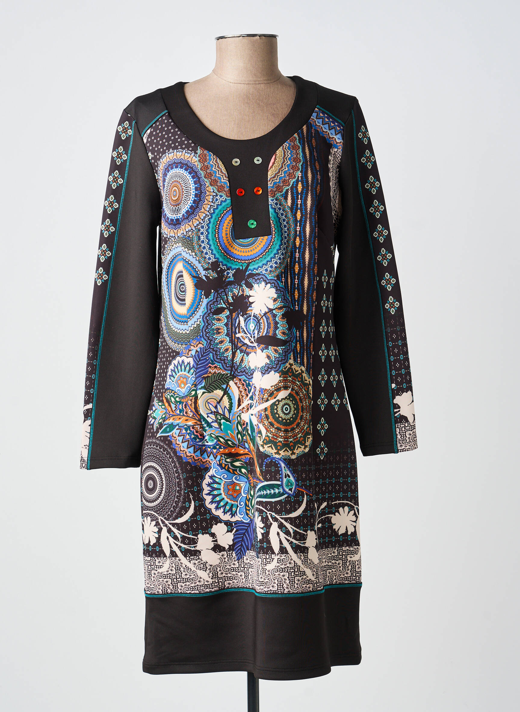 Robe mi-longue imprimé fantaisie manches longues noir GUY DUBOUIS femme