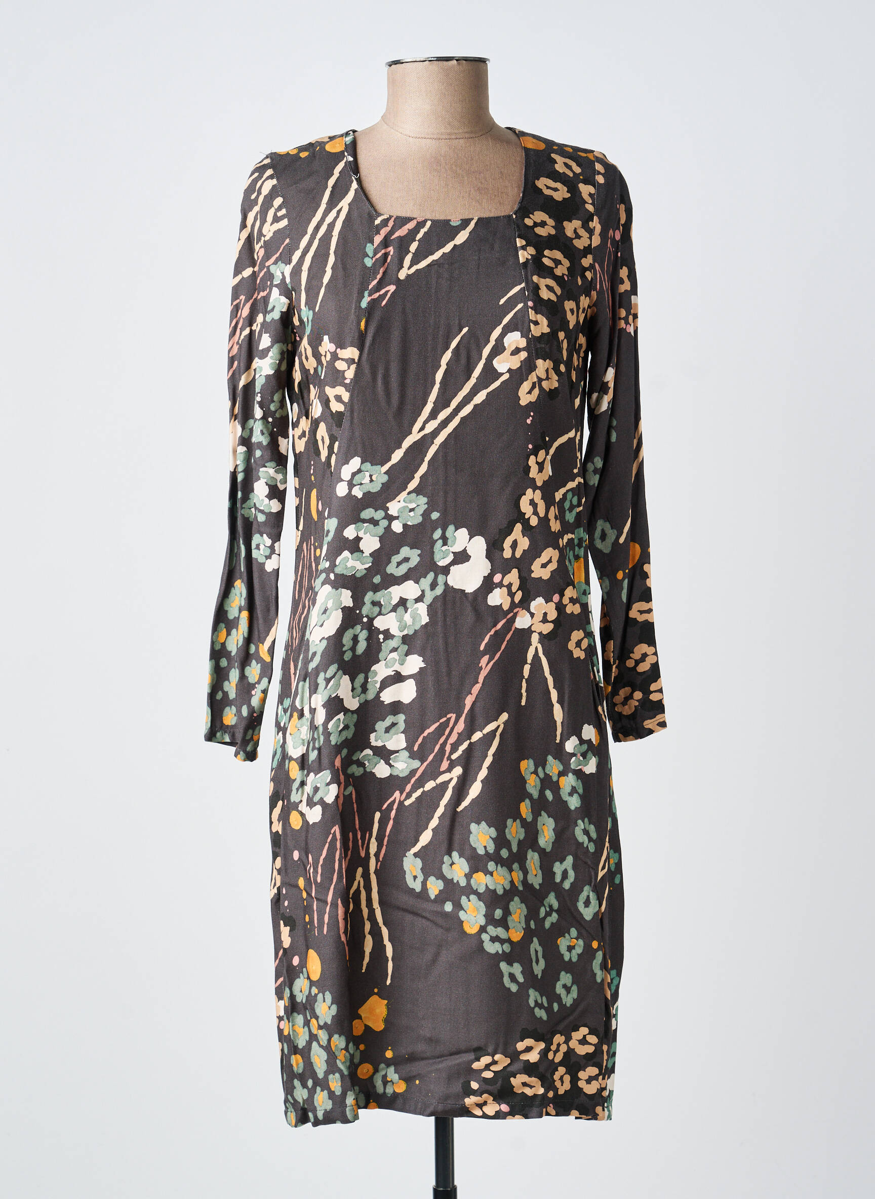 Robe mi-longue imprimé fantaisie manches longues marron MERI & ESCA femme