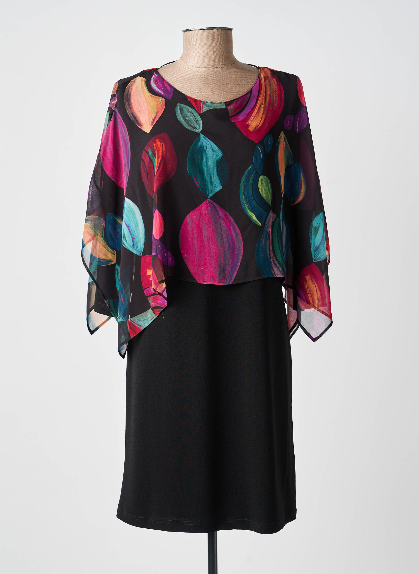Robe mi-longue imprimé fantaisie manches longues noir GUY DUBOUIS femme