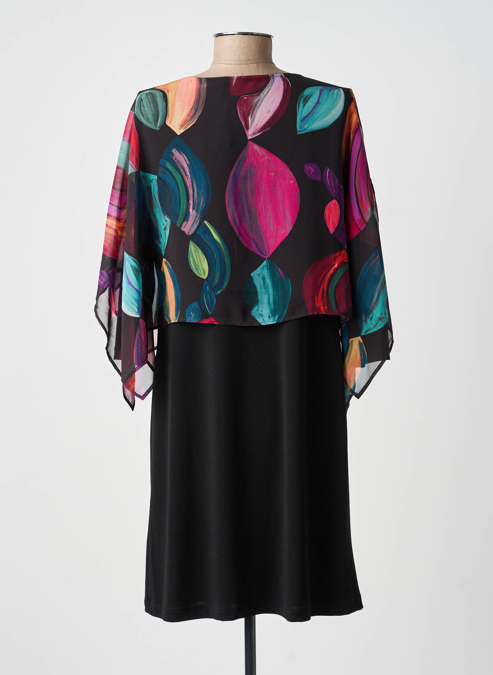 Robe mi-longue imprimé fantaisie manches longues noir GUY DUBOUIS femme