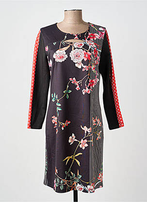 Robe mi-longue imprimé fleurs manches longues noir FRANCE RIVOIRE femme