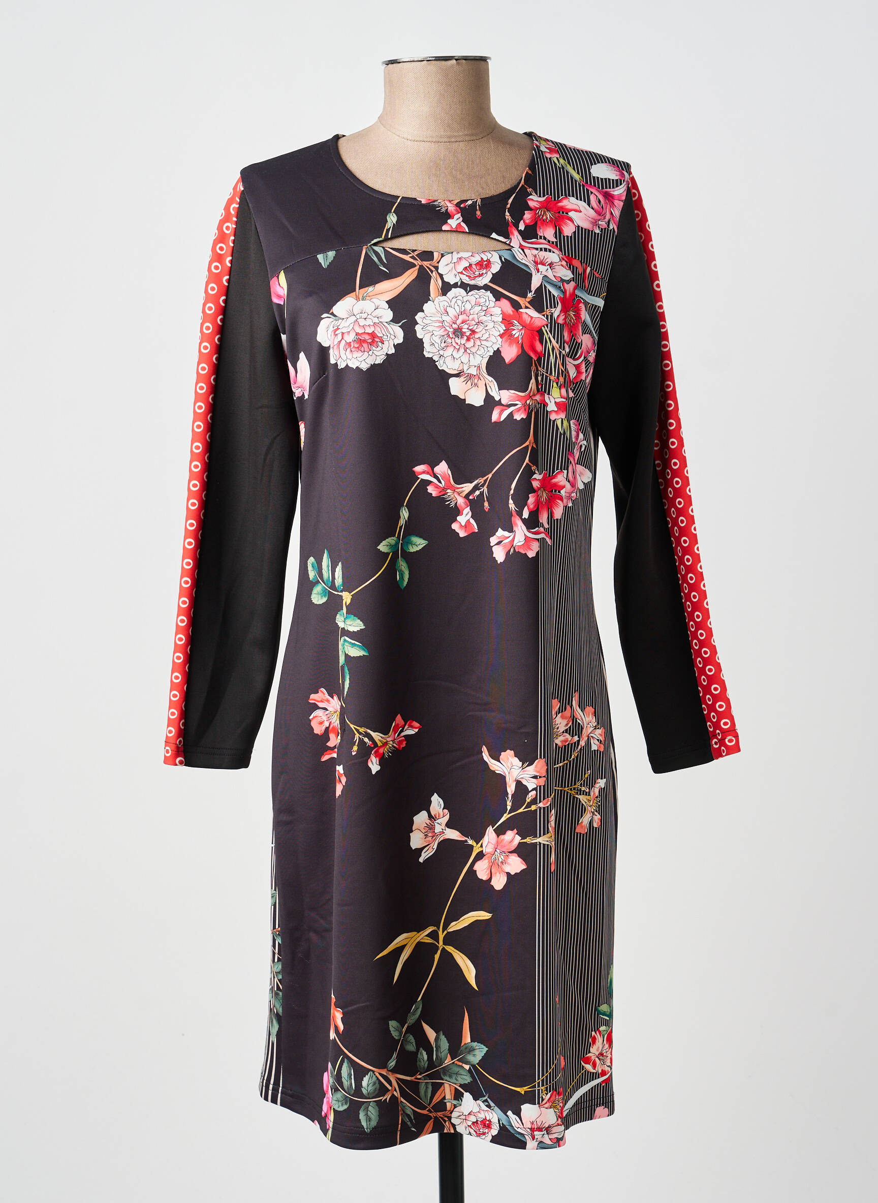 Robe mi-longue imprimé fleurs manches longues noir FRANCE RIVOIRE femme