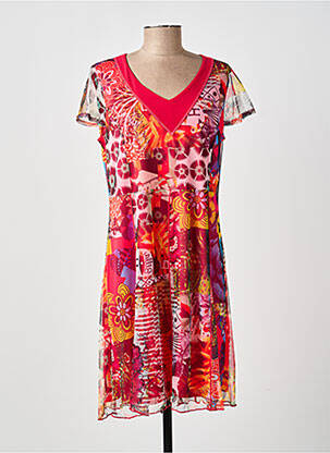 Robe mi-longue imprimé fleurs manches courtes rouge GUY DUBOUIS femme