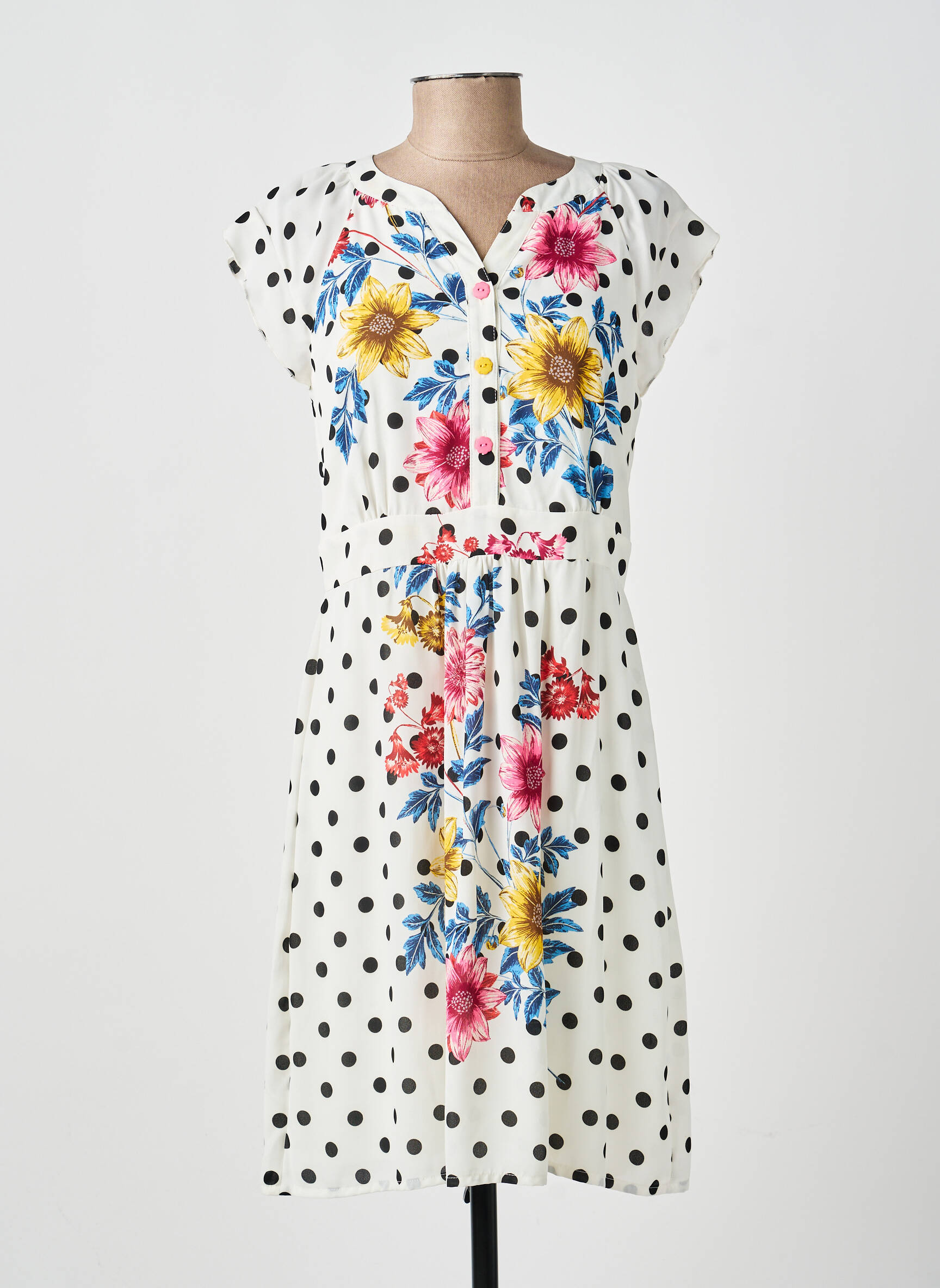 Robe mi-longue imprimé fantaisie manches courtes blanc GUY DUBOUIS femme