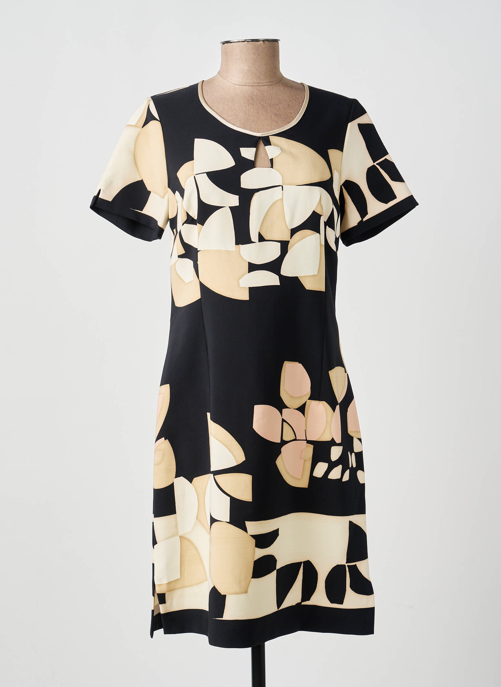 Robe mi-longue imprimé fantaisie manches courtes noir FRANCE RIVOIRE femme