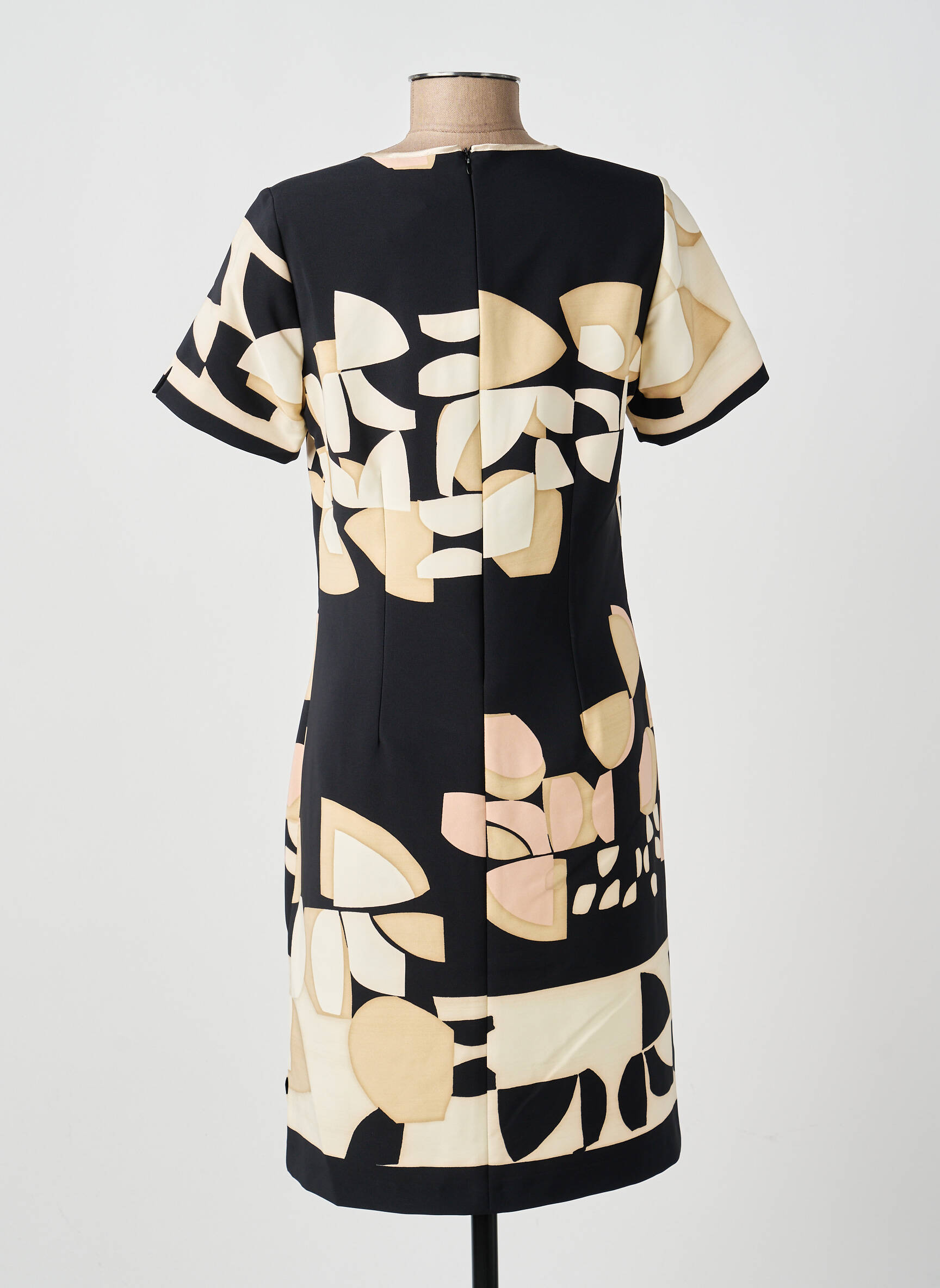 Robe mi-longue imprimé fantaisie manches courtes noir FRANCE RIVOIRE femme