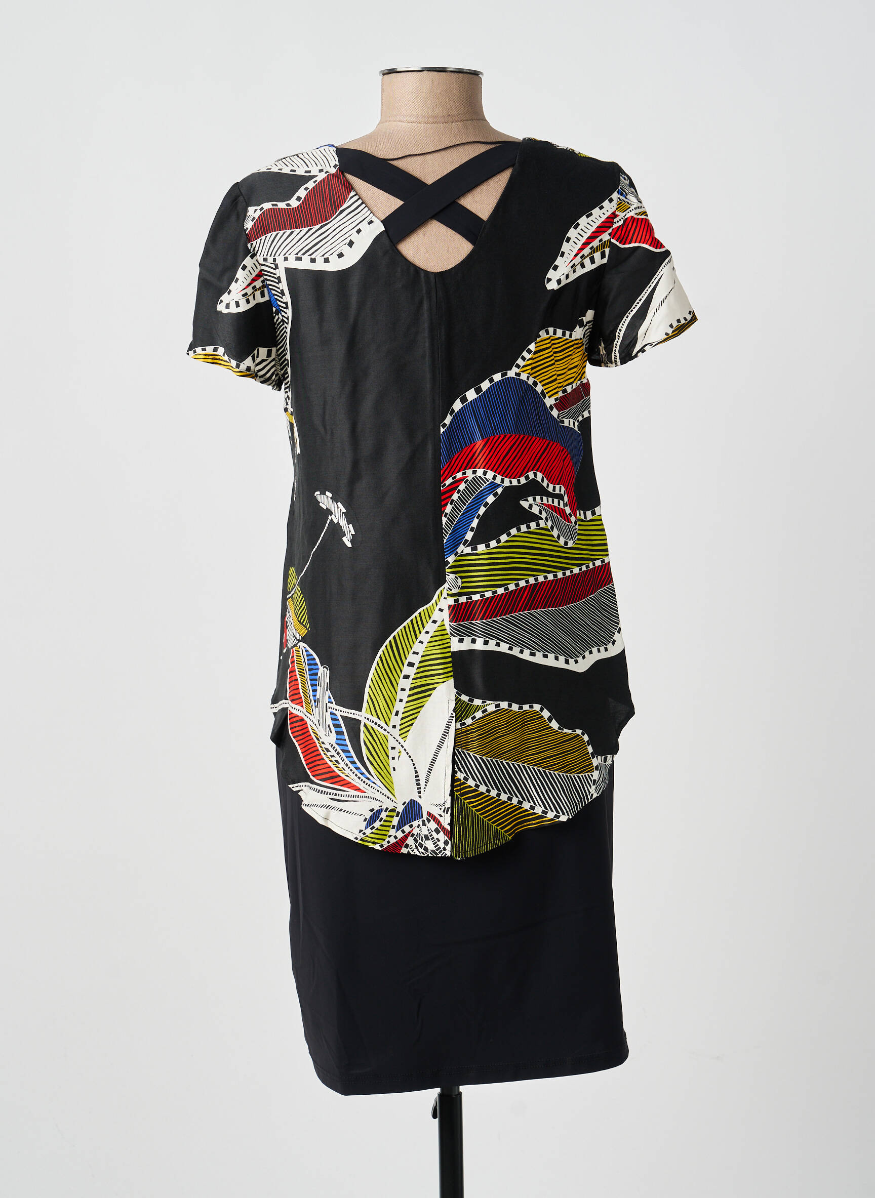 Robe mi-longue imprimé fantaisie manches courtes noir MERI & ESCA femme