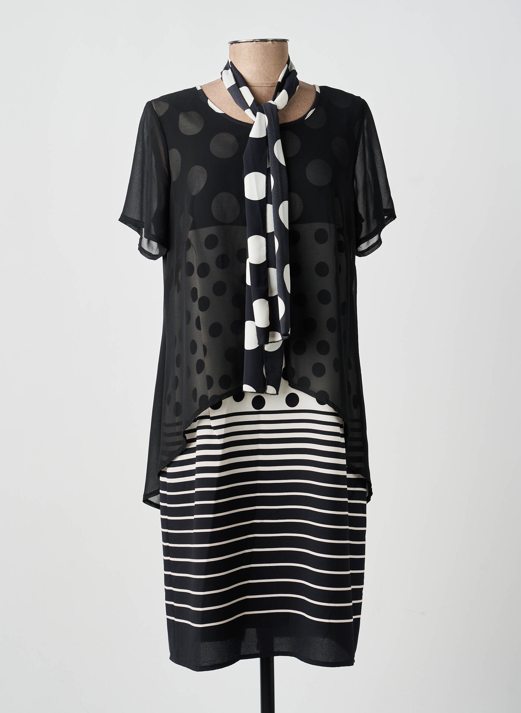 Robe mi-longue imprimé fantaisie manches courtes noir GUY DUBOUIS femme