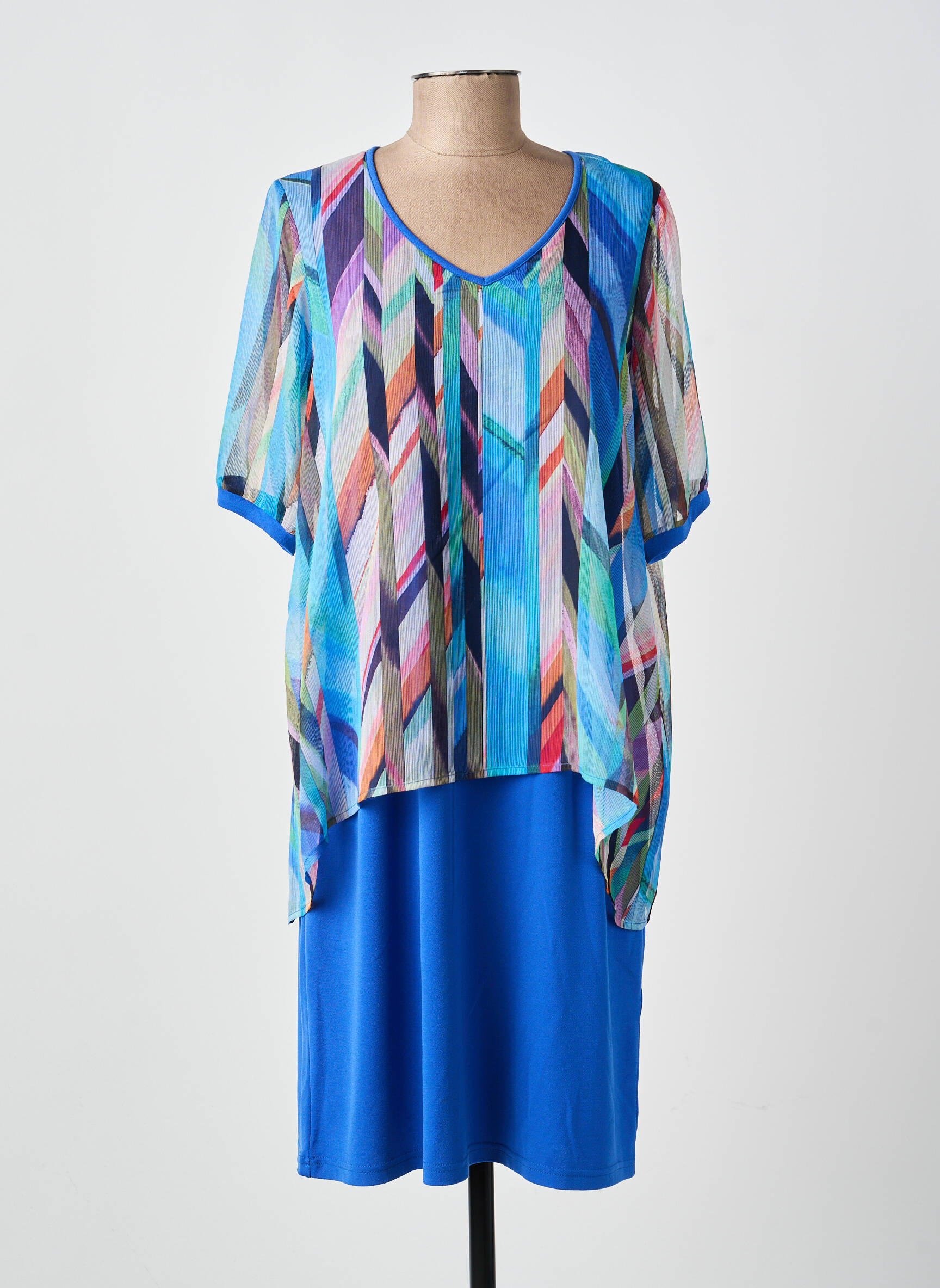 Robe mi-longue imprimé fantaisie manches courtes bleu GUY DUBOUIS femme