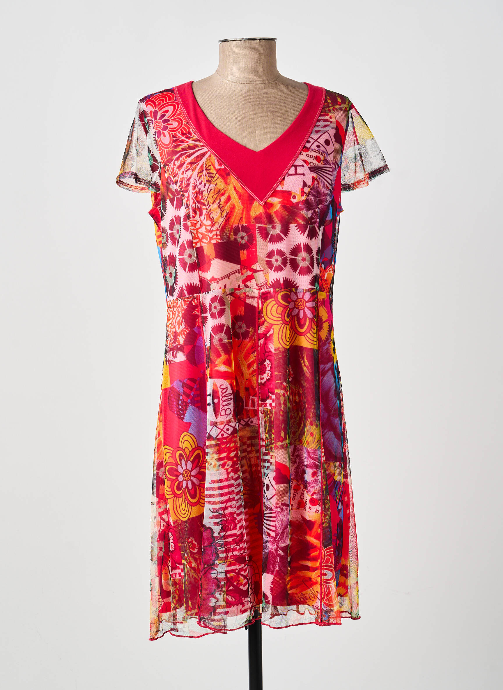 Robe mi-longue imprimé fleurs manches courtes rouge GUY DUBOUIS femme