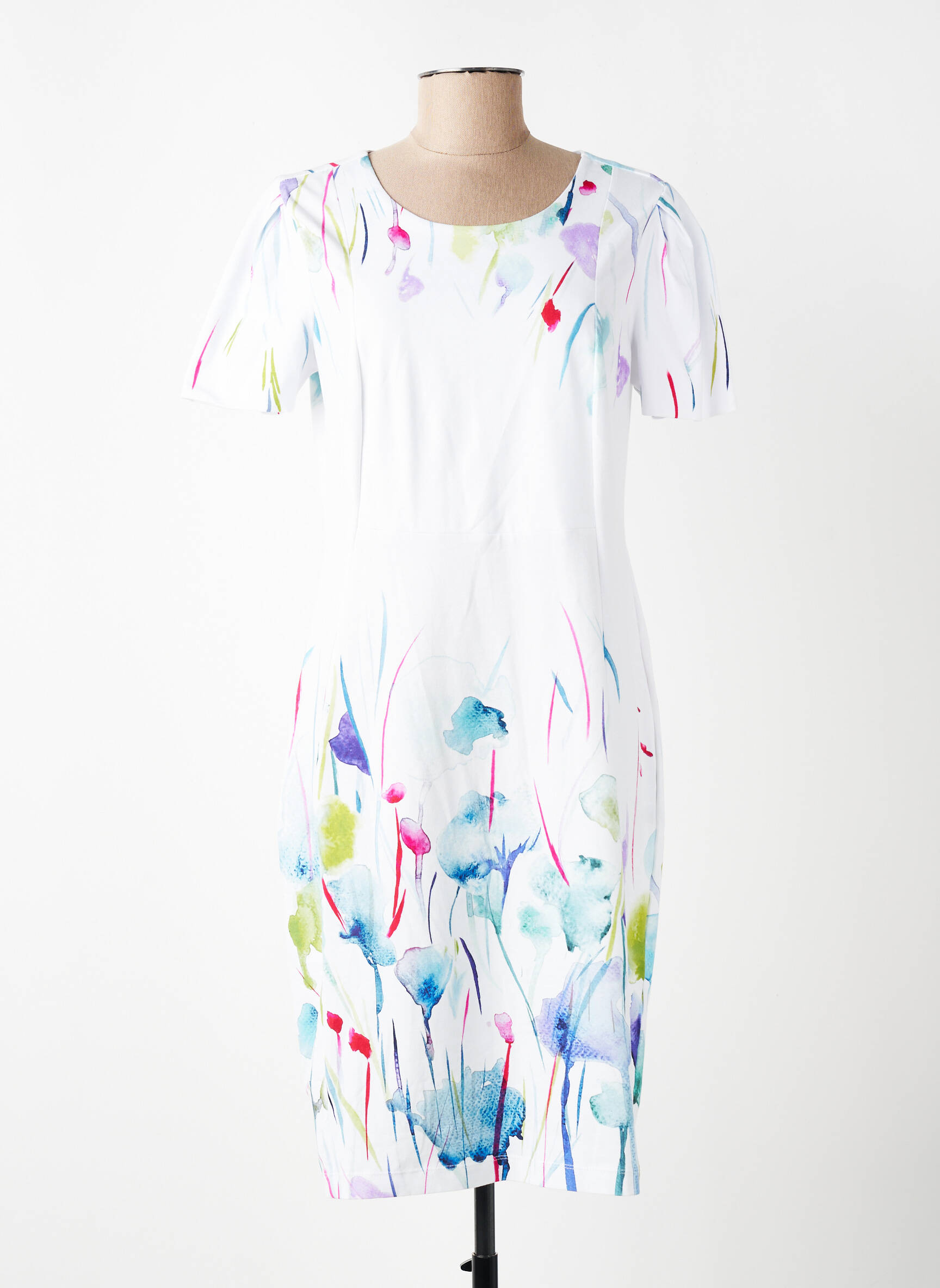 Robe mi-longue imprimé fleurs manches courtes blanc DOLCEZZA femme