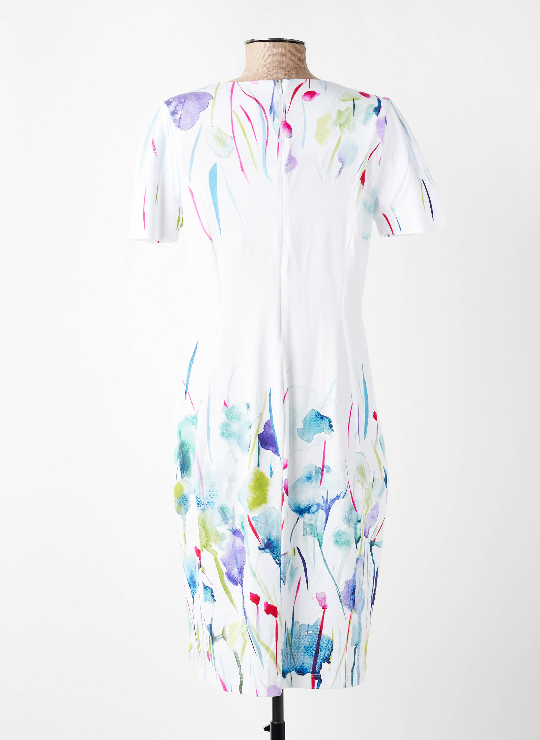 Robe mi-longue imprimé fleurs manches courtes blanc DOLCEZZA femme