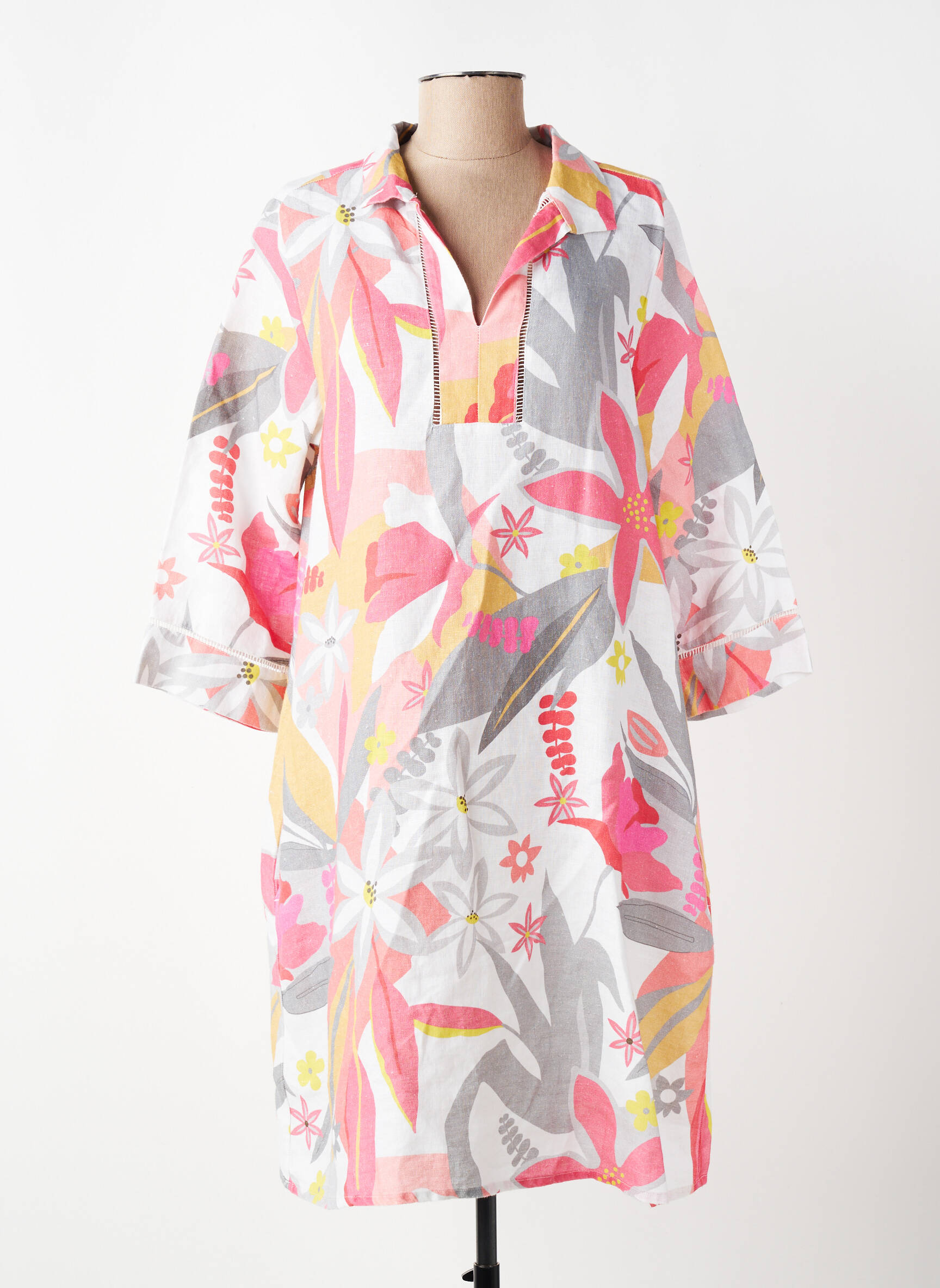 Robe mi-longue imprimé fleurs manches 3/4 blanc DOLCEZZA femme