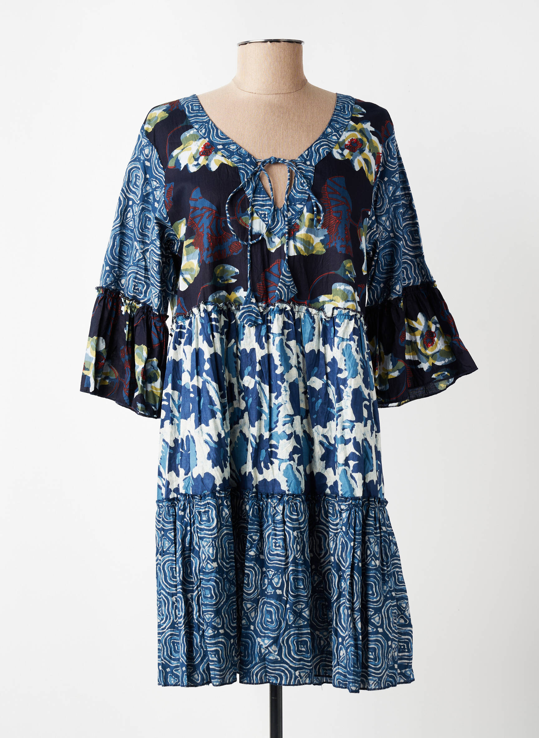 Robe courte imprimé fleurs manches 3/4 bleu DRESS ADDICT femme