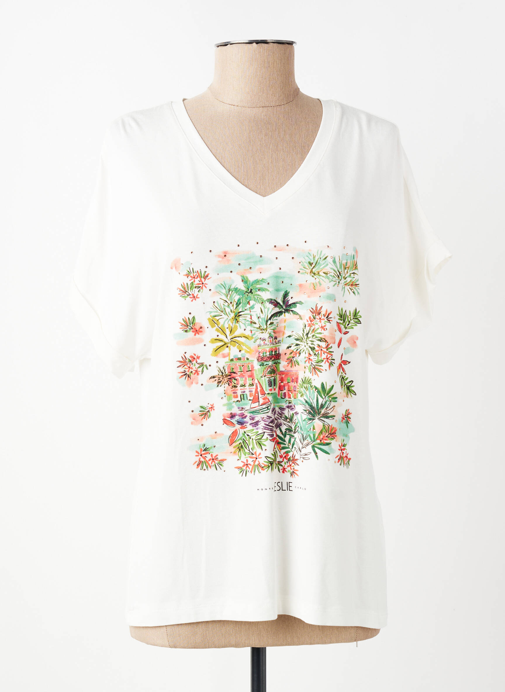 T-shirt sérigraphie avec strass manches courtes beige LESLIE femme