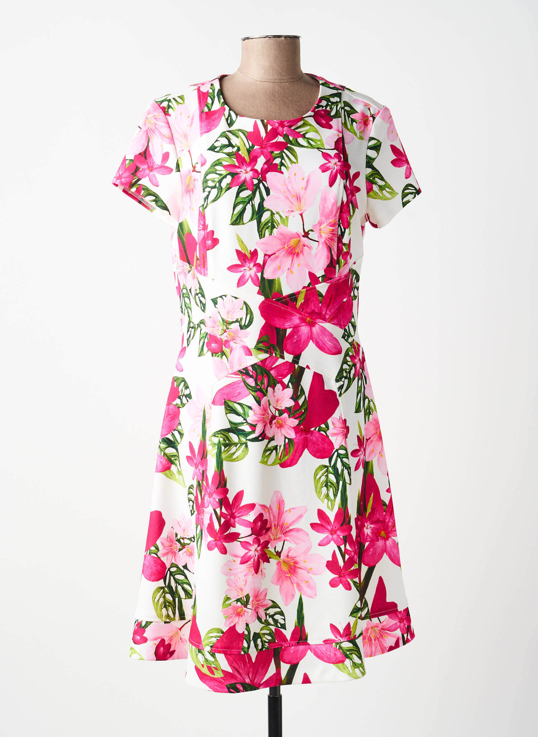 Robe mi-longue imprimé fleurs manches courtes rose JOSEPH RIBKOFF femme