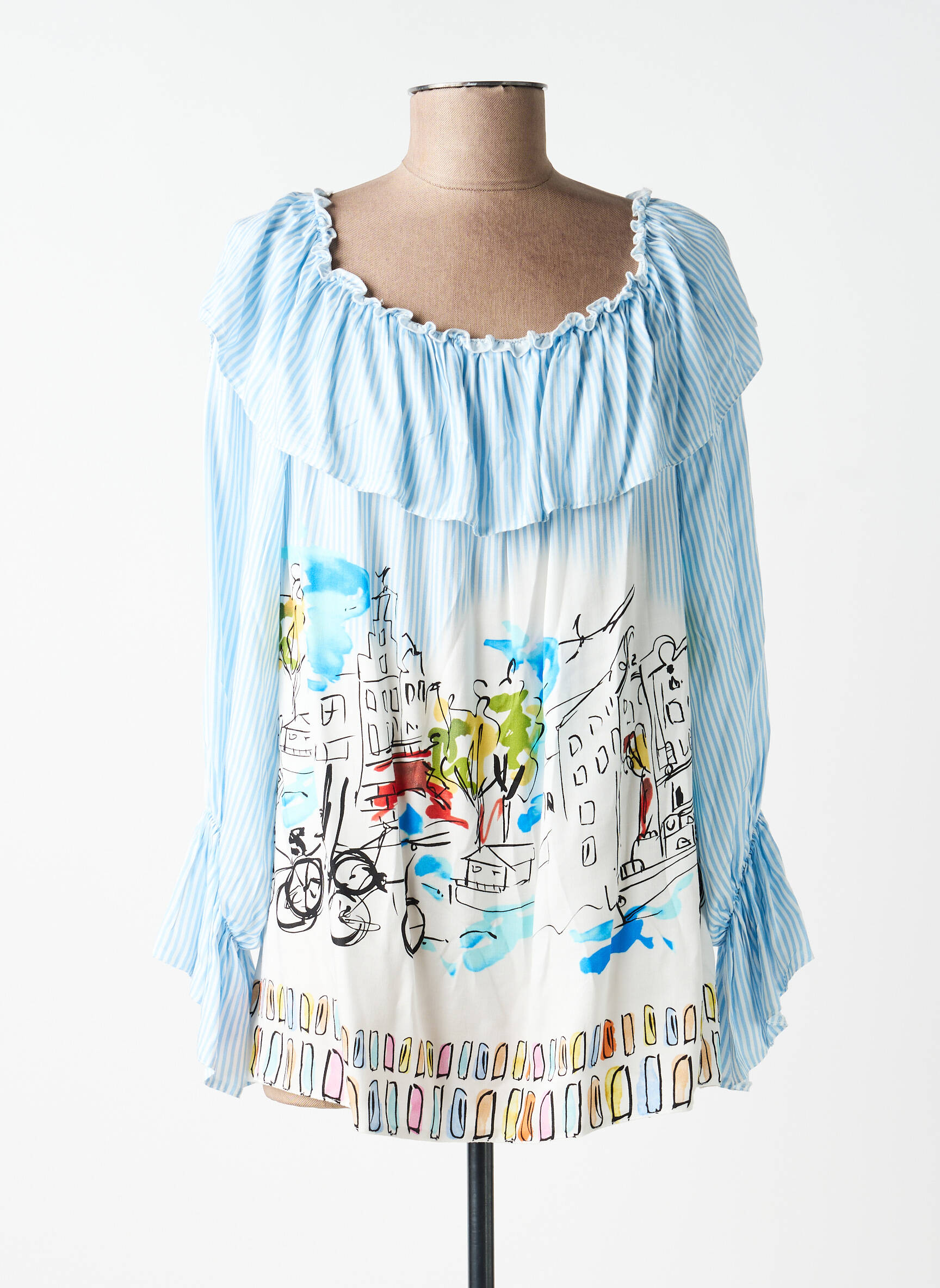 Blouse tissage popeline manches longues bleu LESLIE femme
