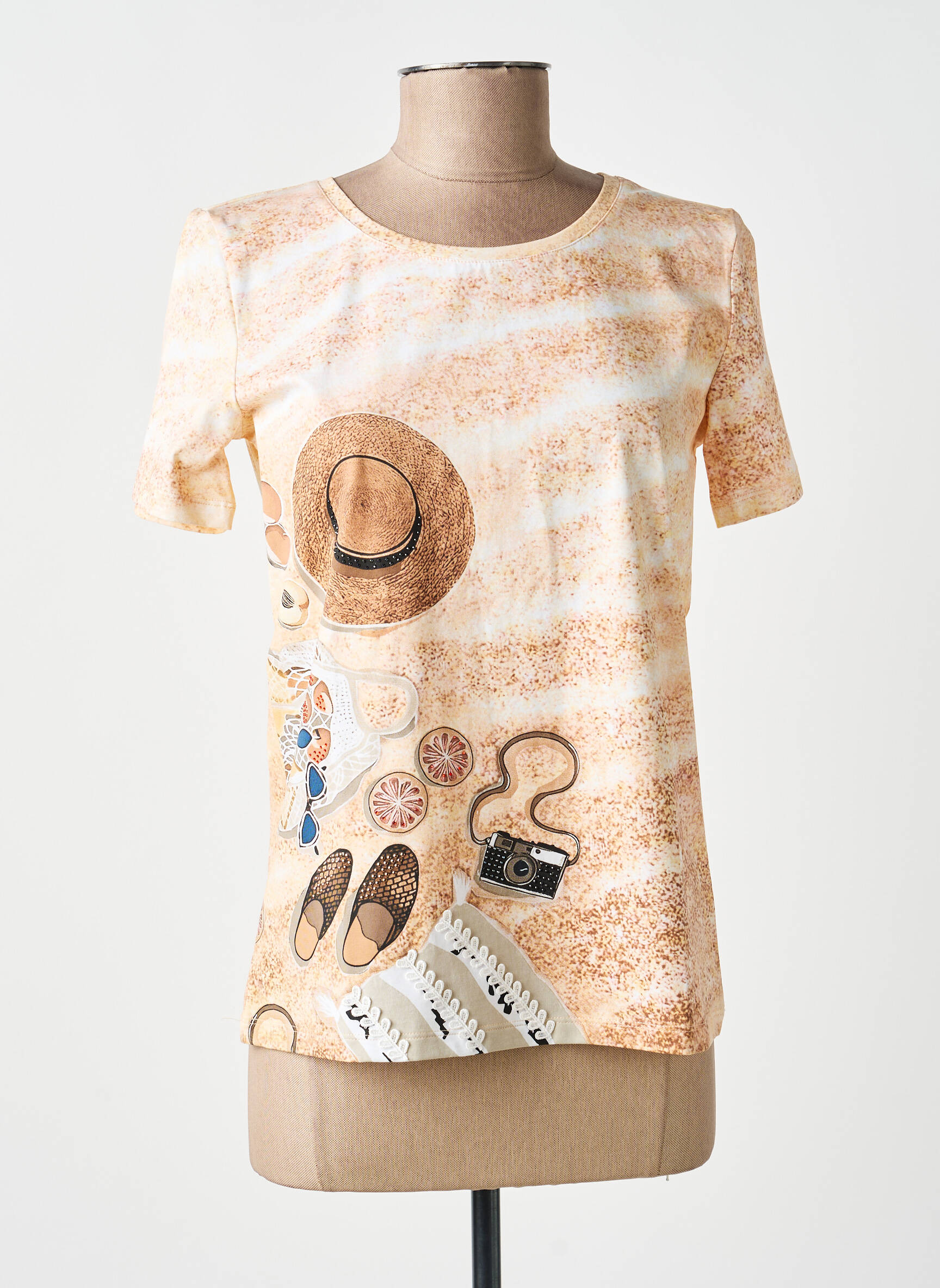 T-shirt imprimé fantaisie manches courtes beige LEO & UGO femme