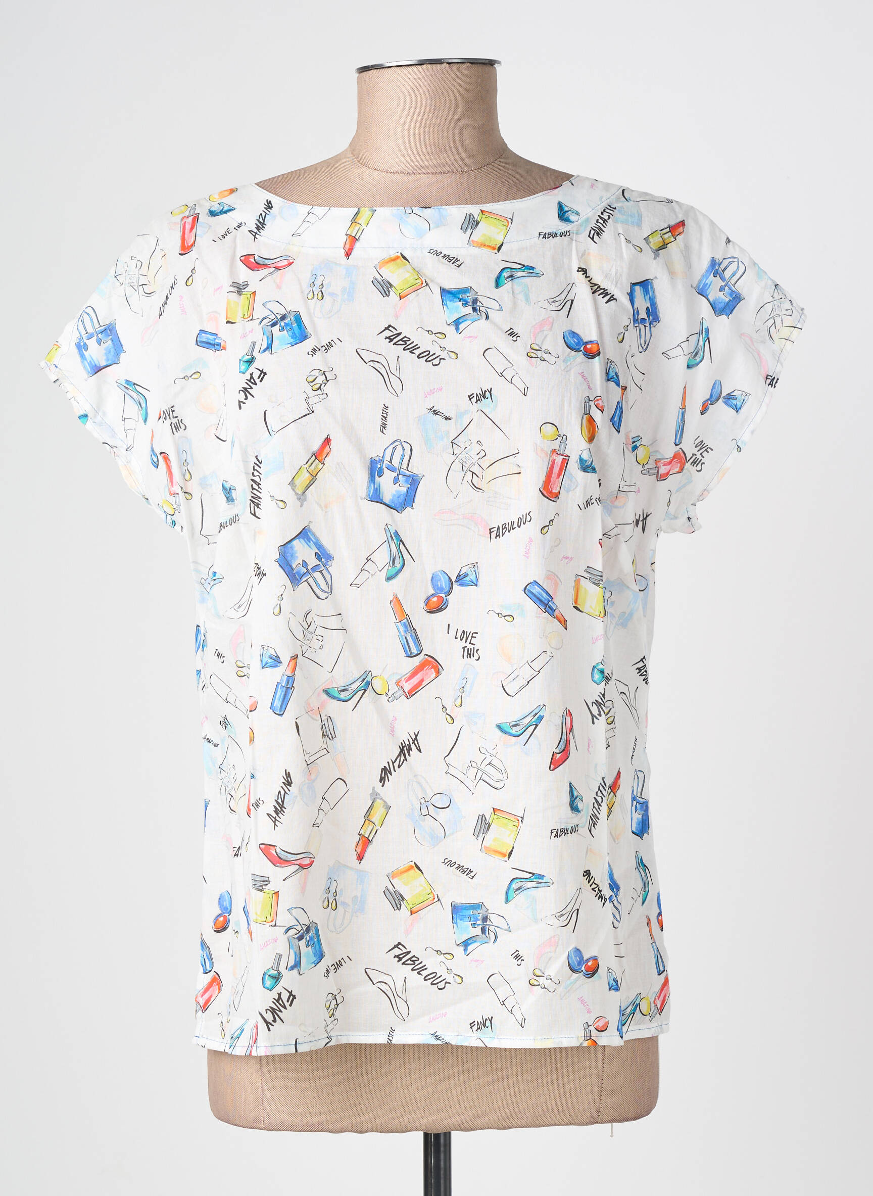 Top imprimé fantaisie manches courtes blanc FRANCE RIVOIRE femme