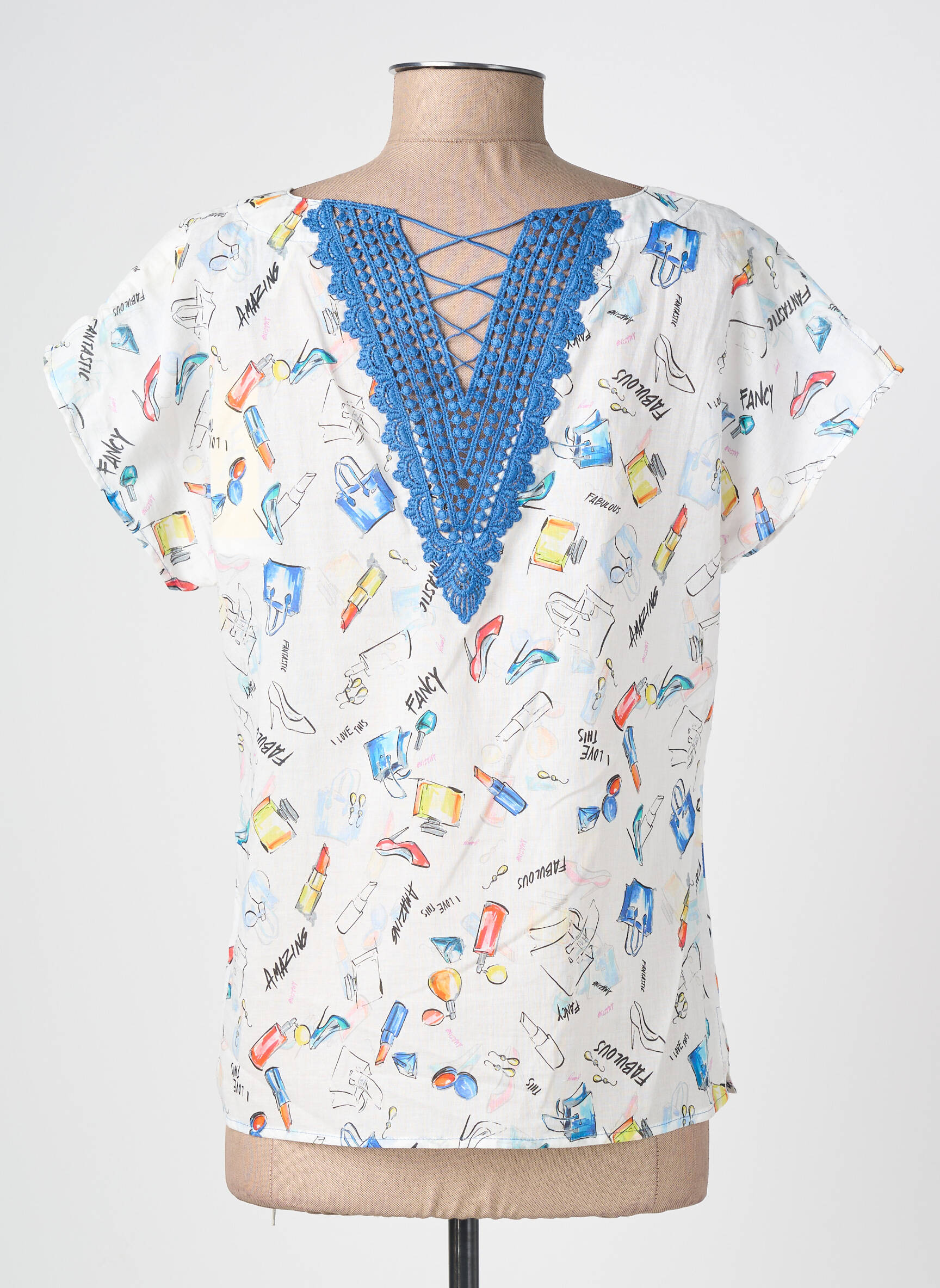 Top imprimé fantaisie manches courtes blanc FRANCE RIVOIRE femme