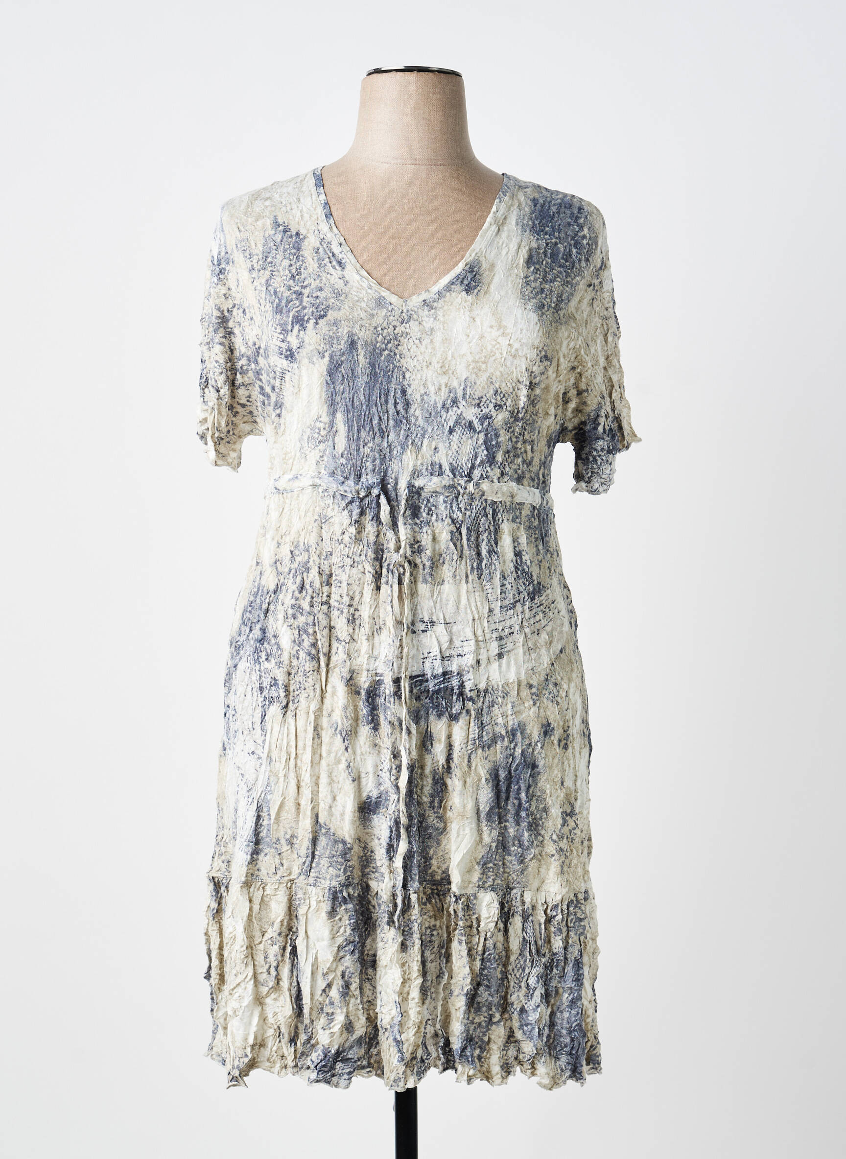 Robe mi-longue tissage crêpe manches courtes gris LAUREN VIDAL femme