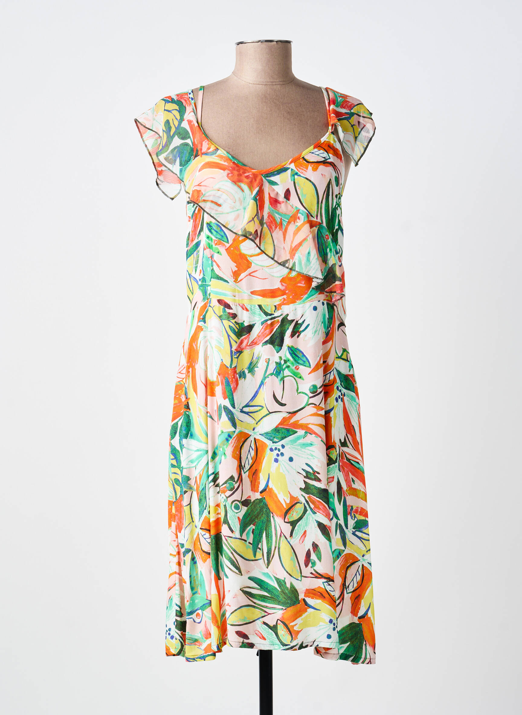 Robe mi-longue imprimé fleurs manches courtes vert PAUL BRIAL femme