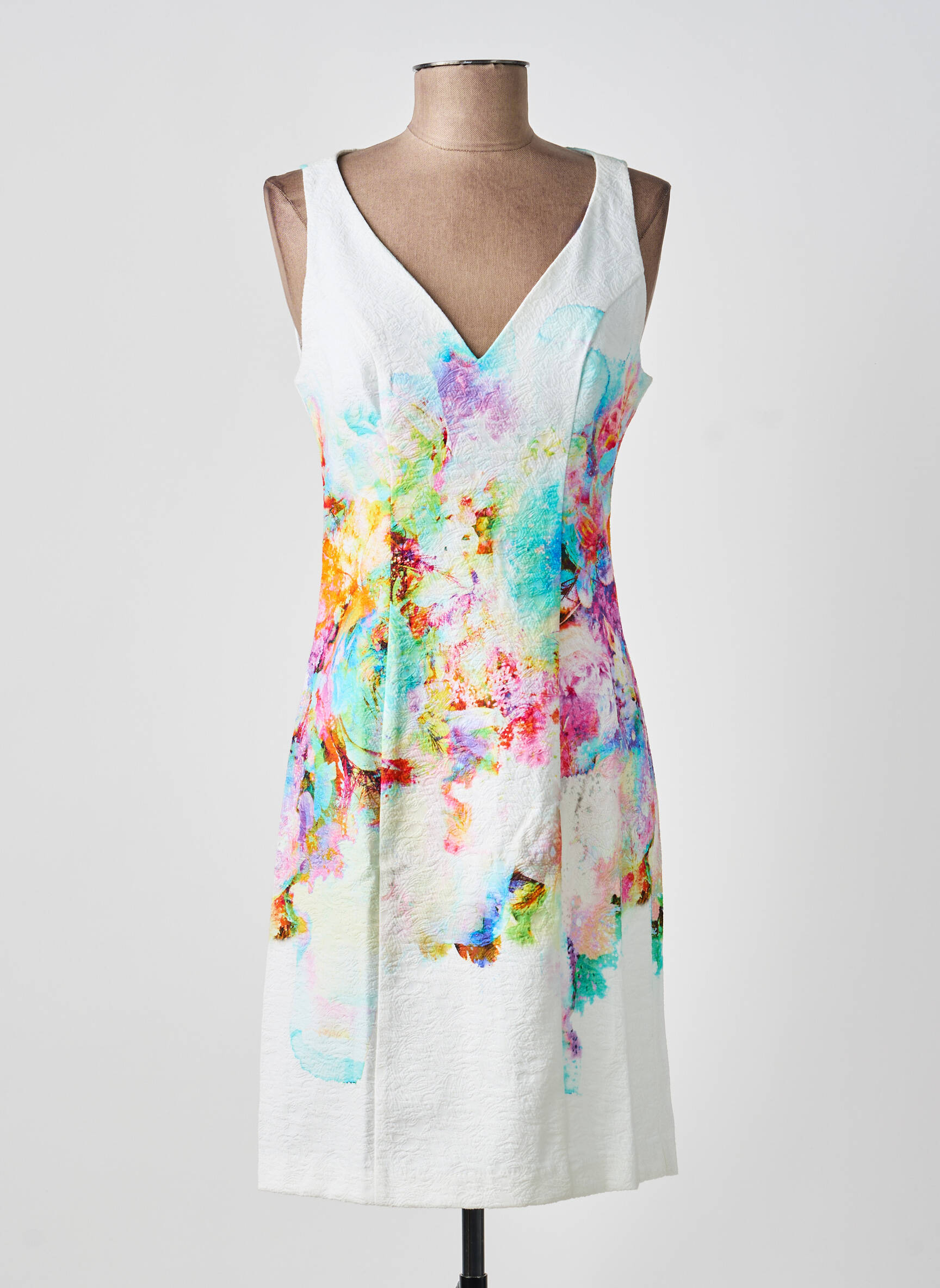 Robe mi-longue imprimé fleurs sans manche beige PAUL BRIAL femme