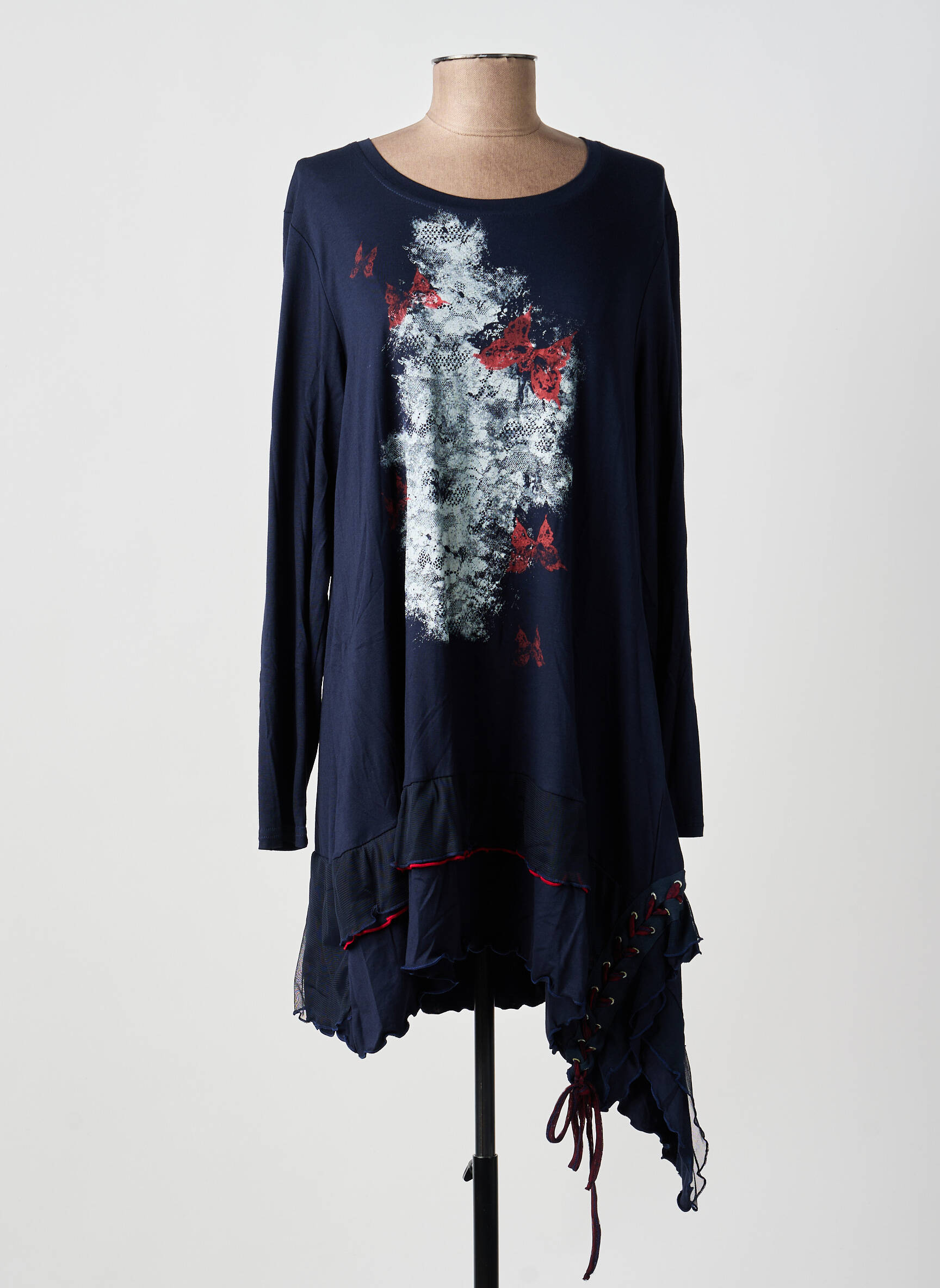 Robe mi-longue manches longues manches longues bleu DOUBLE JEU femme