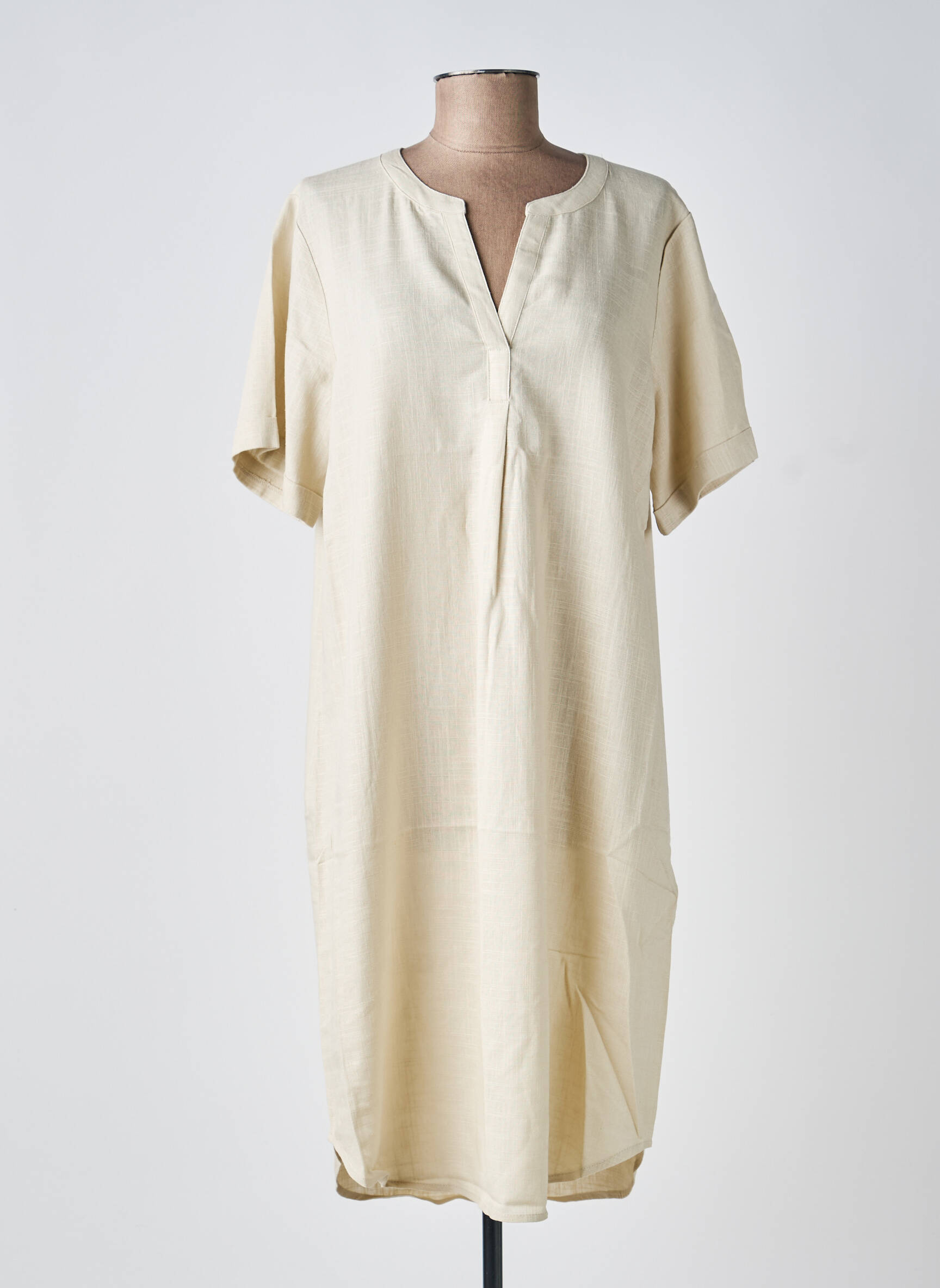 Robe mi-longue tissage crêpe manches courtes beige SOYACONCEPT femme