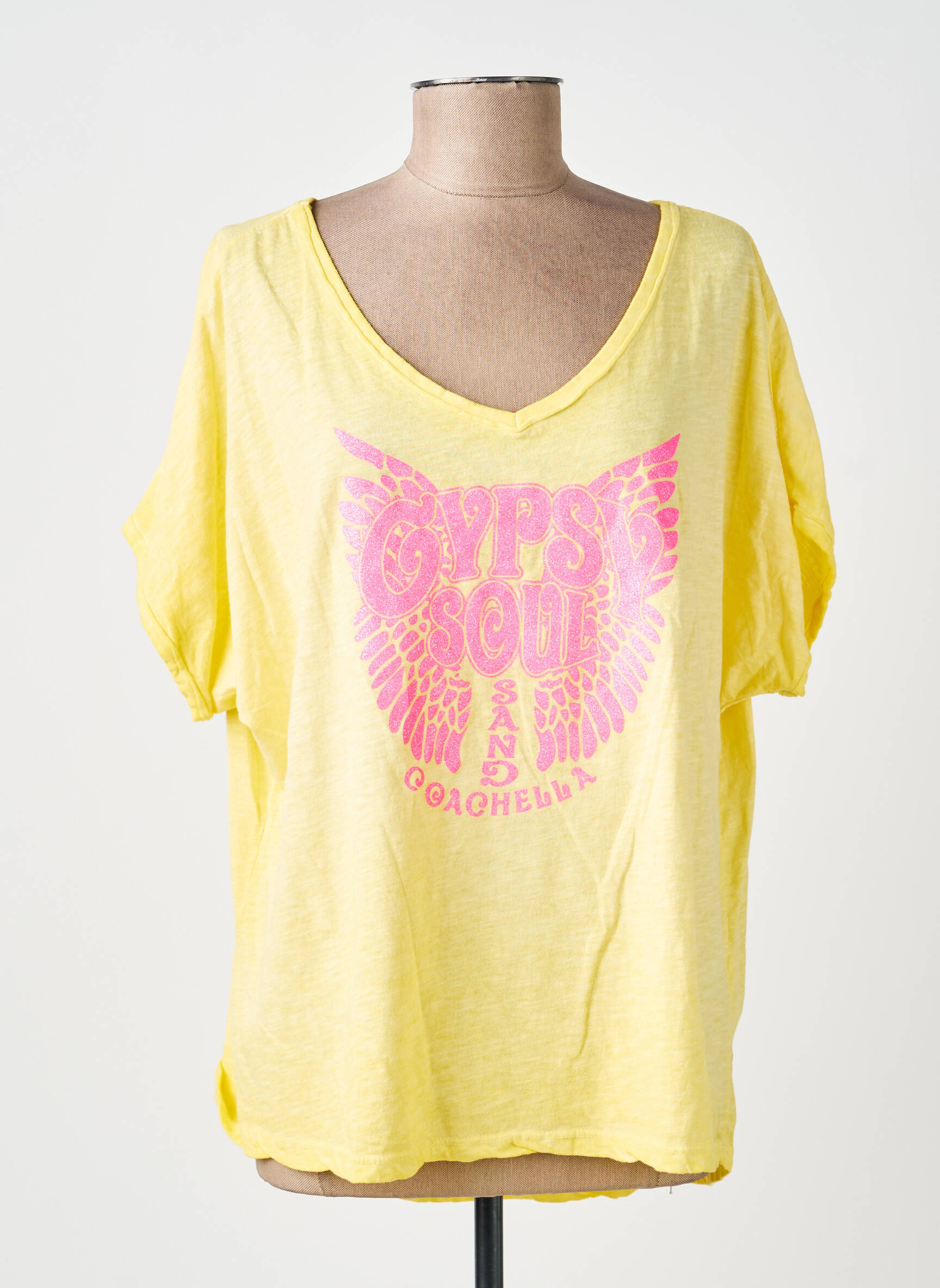 T-shirt col v manches courtes jaune B2B BY SANDCO femme