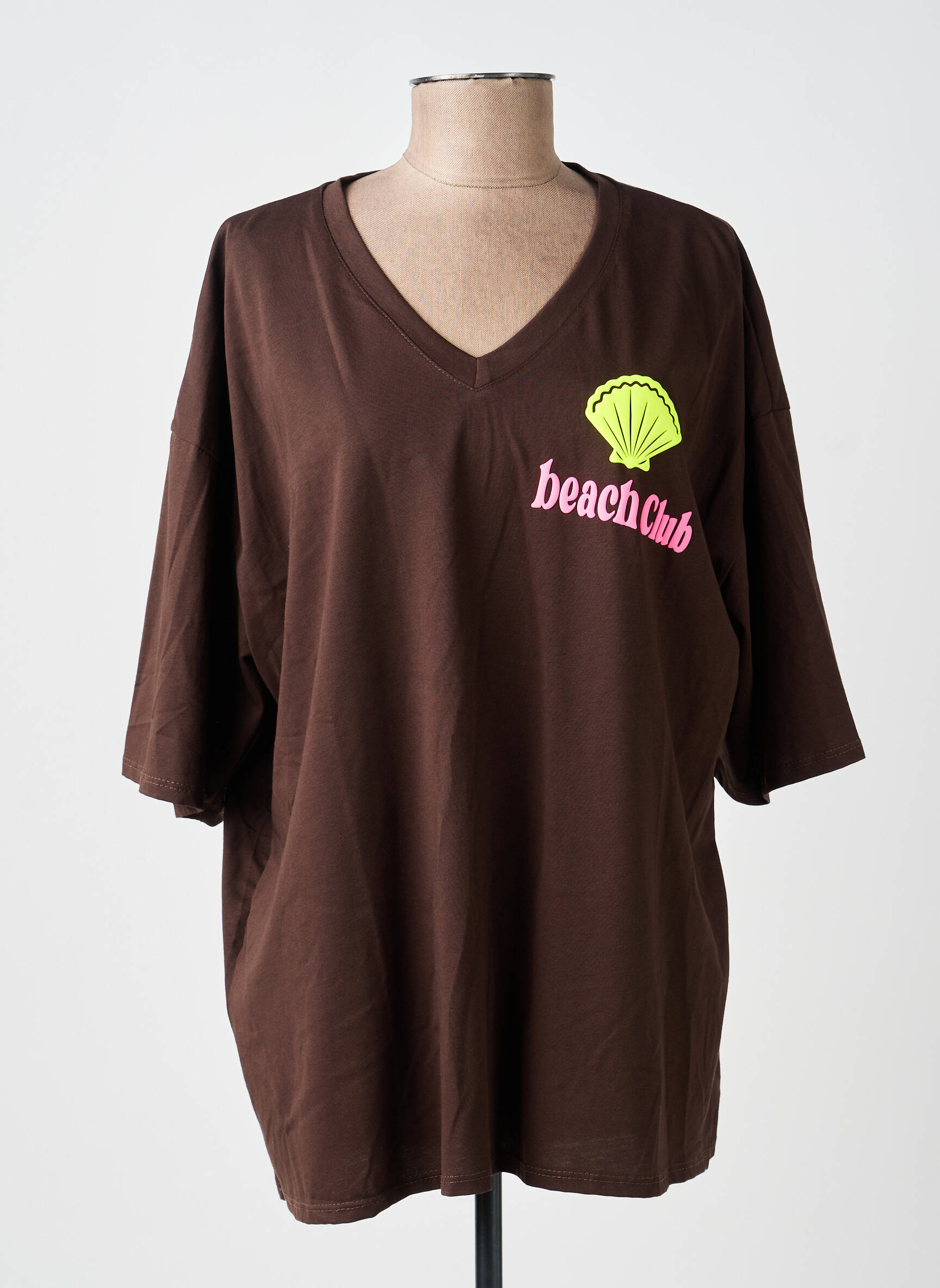 T-shirt sérigraphie floquée manches courtes marron AMY&CLO femme