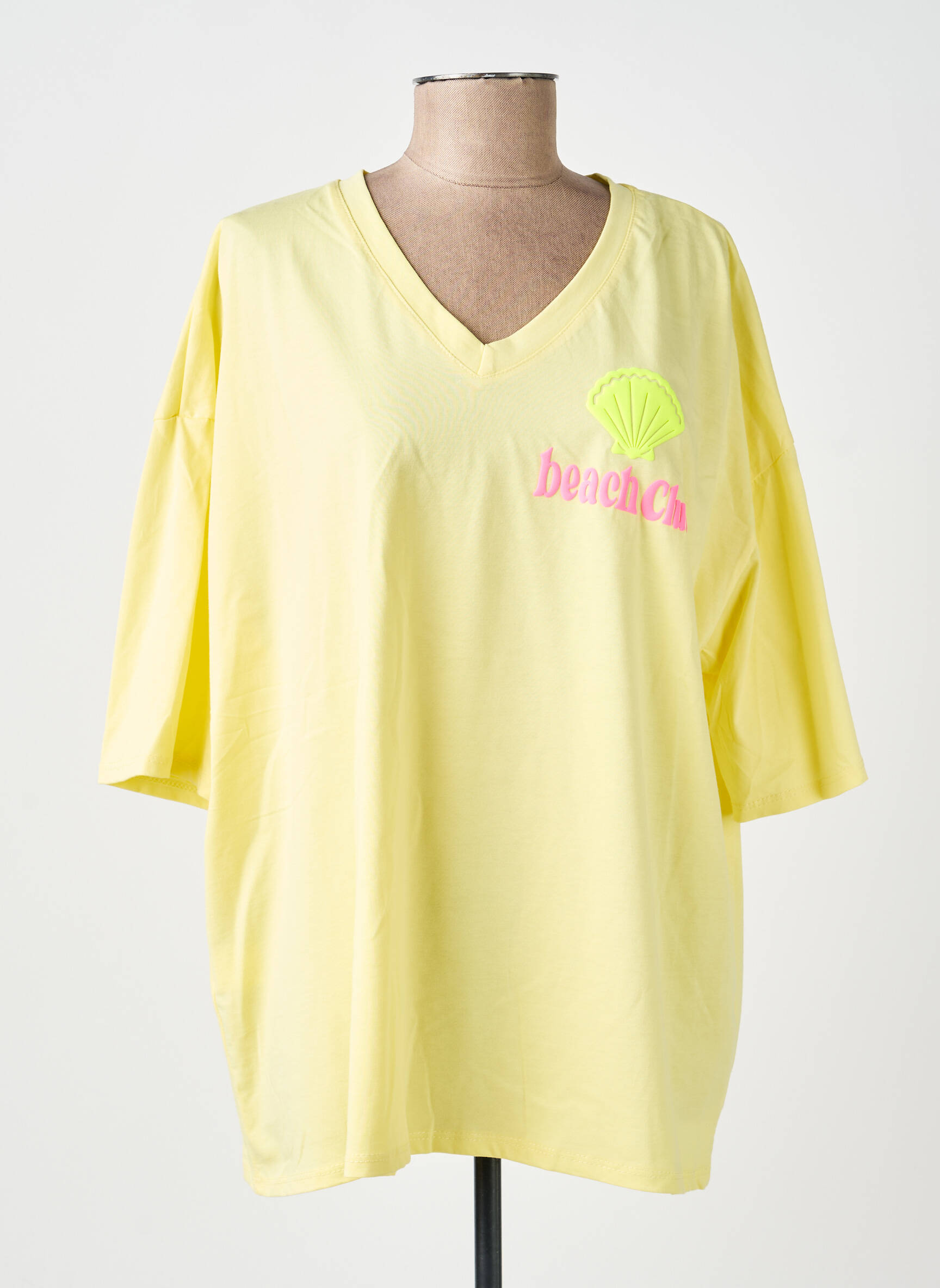 T-shirt sérigraphie floquée manches courtes jaune AMY&CLO femme