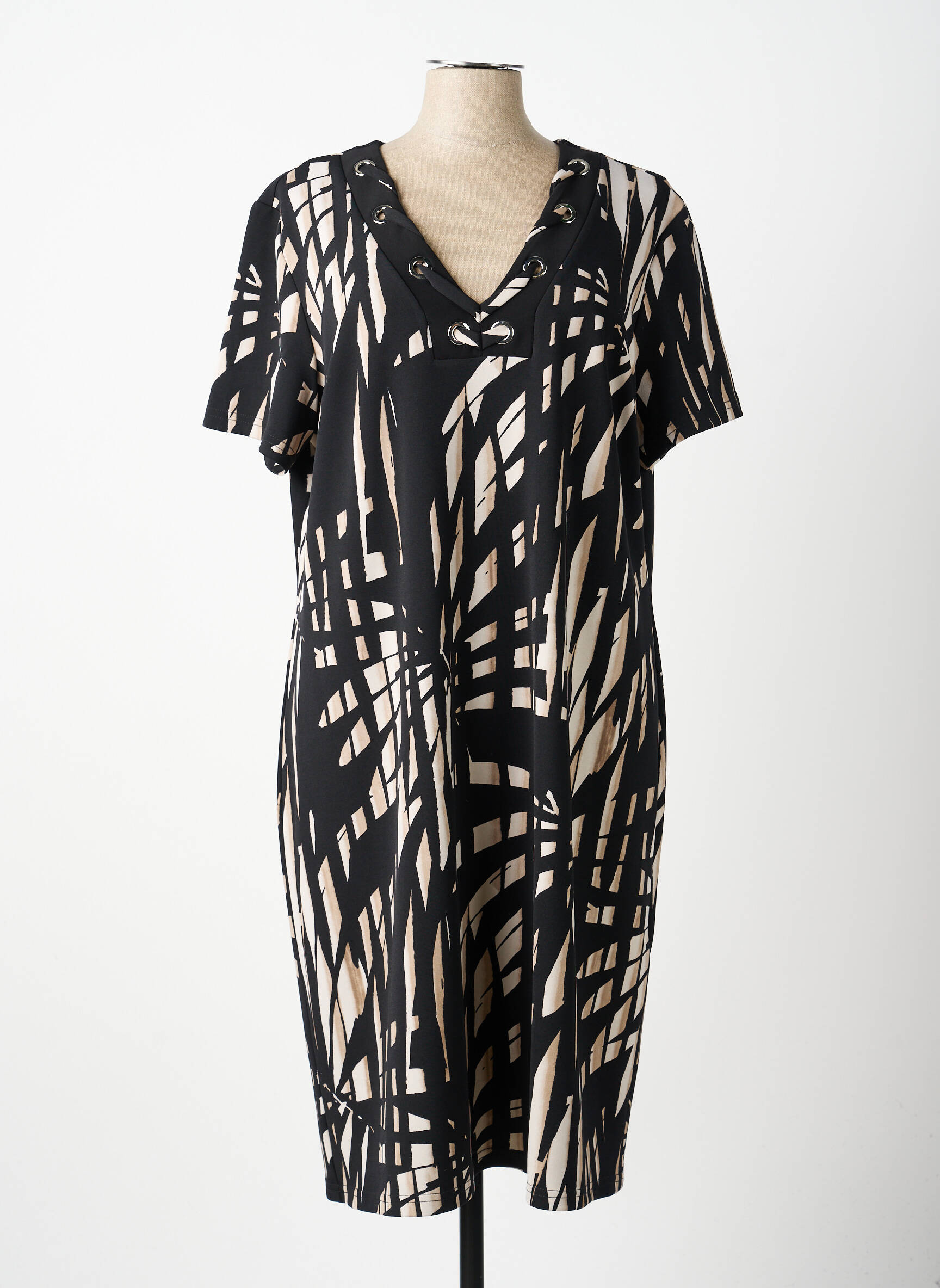 Robe mi-longue imprimé fantaisie manches courtes noir JOSEPH RIBKOFF femme