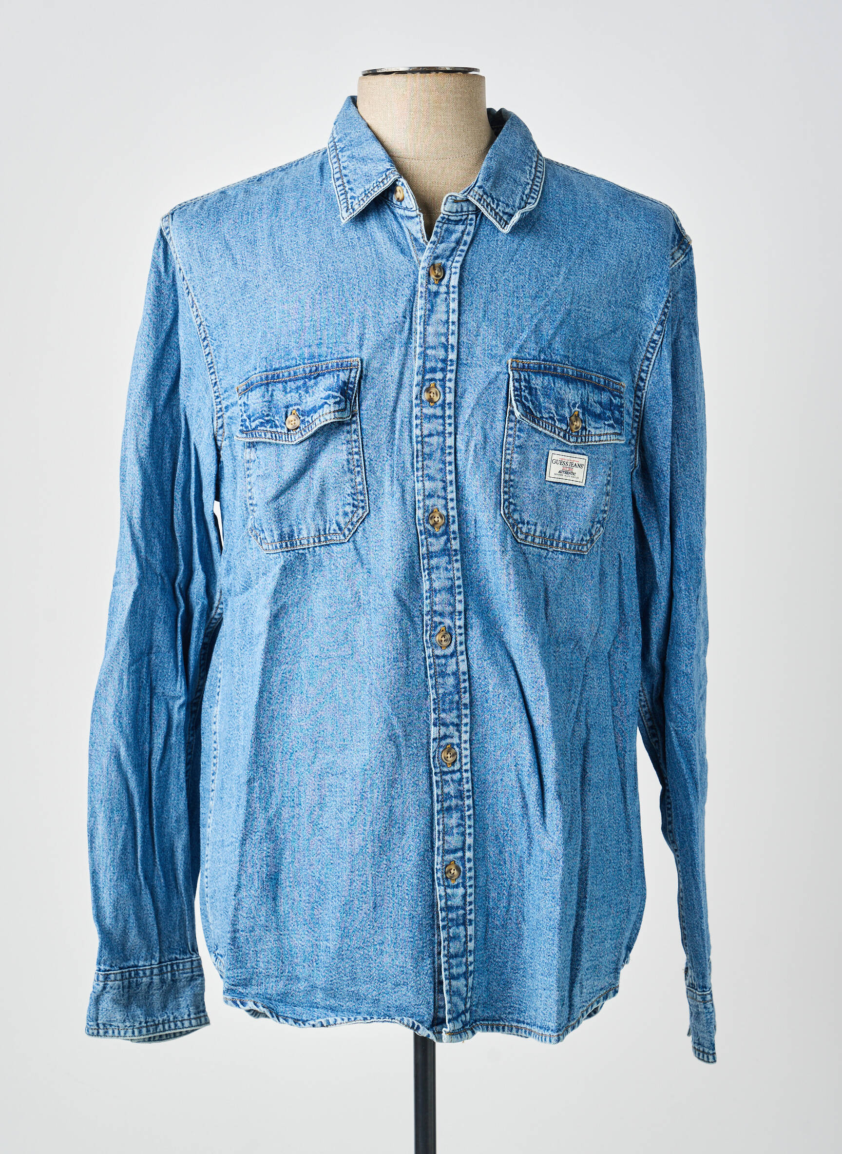 Chemise manches longues poches bleu GUESS homme