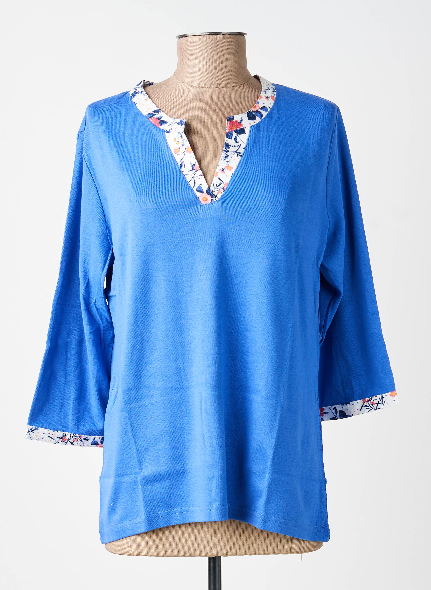 Top col v manches 3/4 bleu DAMART femme