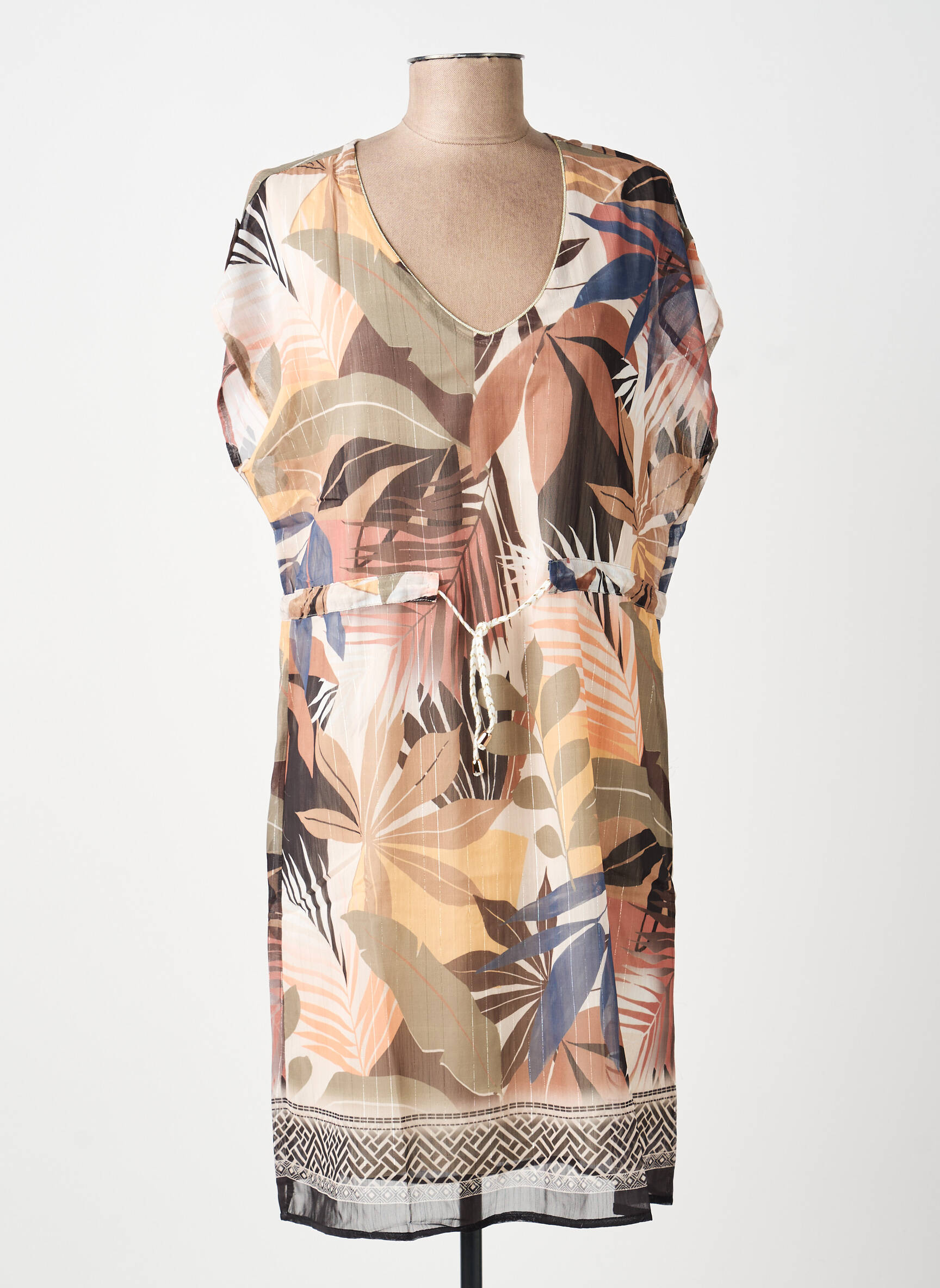 Robe mi-longue imprimé fantaisie manches courtes marron BREAL femme