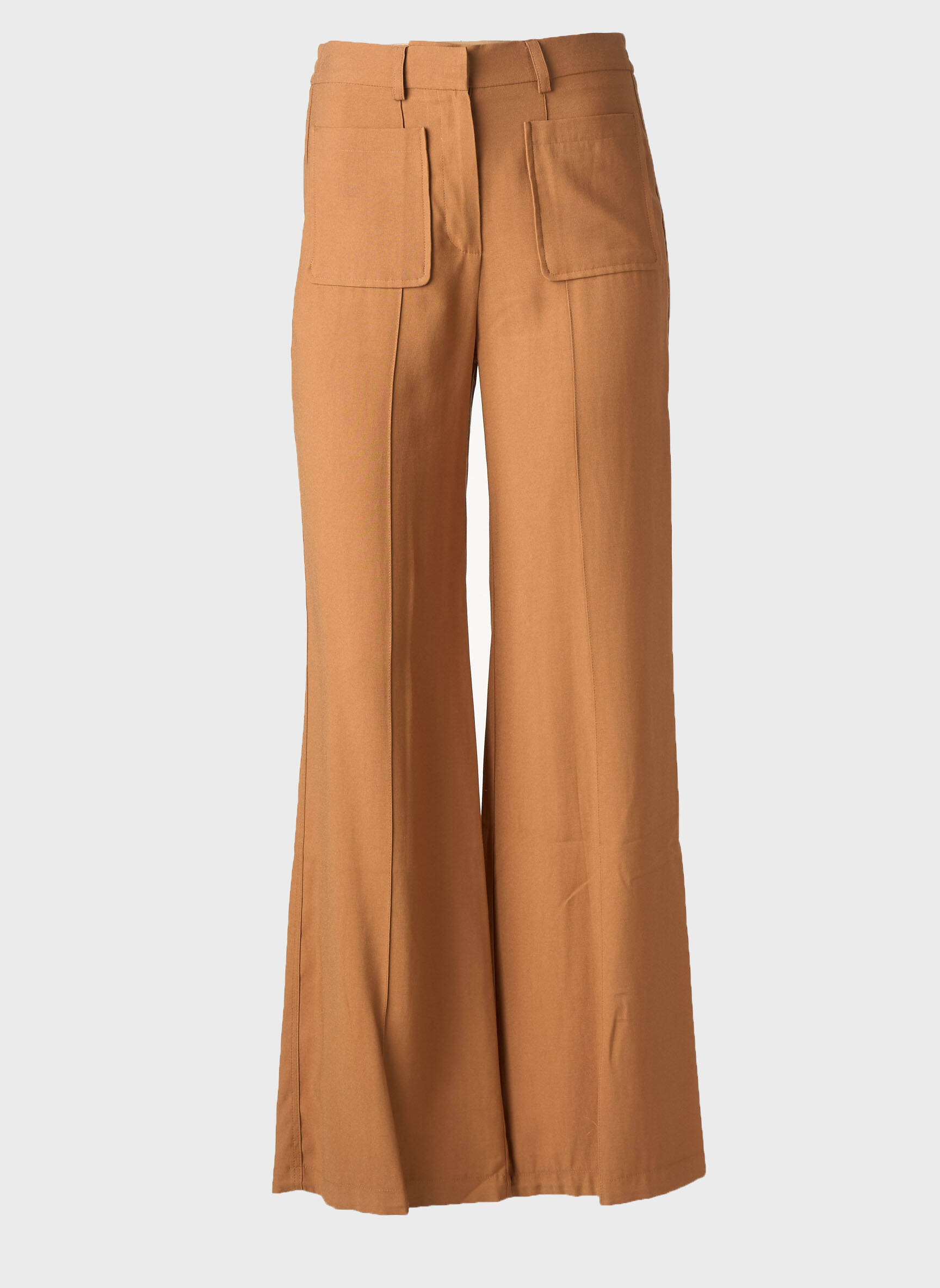 Pantalon flare fermeture zippée sous rabat avec crochet taille haute marron AN' GE femme