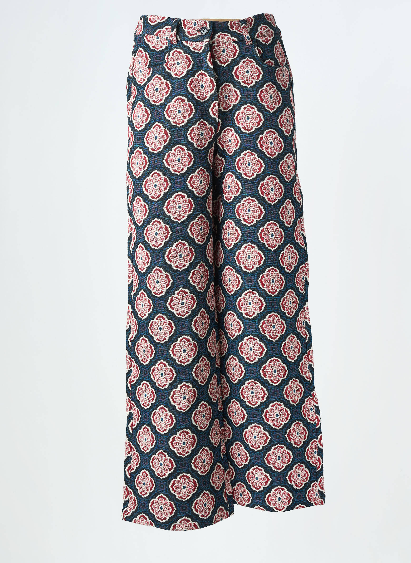 Pantalon large fermeture zippée sous rabat boutonné taille haute bleu AN' GE femme